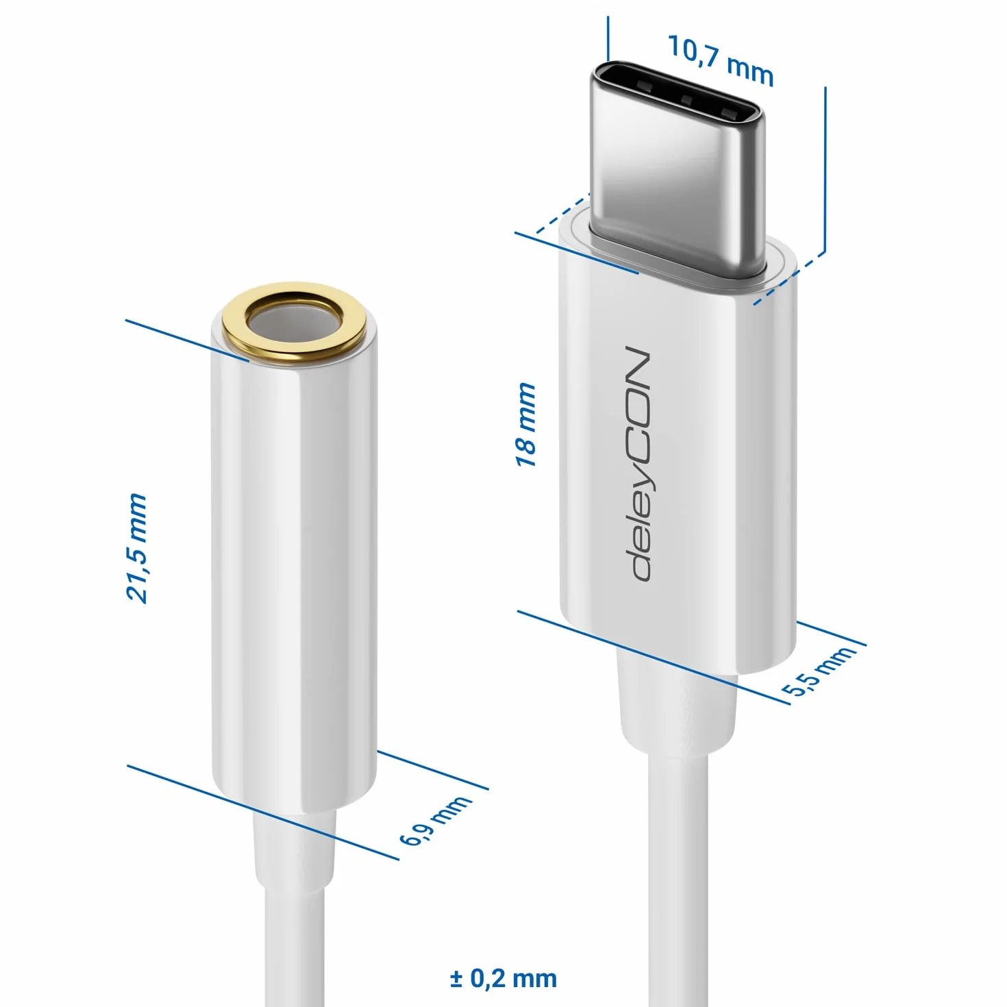 deleyCON 10cm Adattatore Cuffie USB‑C a Jack 3,5mm AUX - Compatibile con Apple, Samsung, Google, Huawei, Xiaomi, Smartphone, Tablet, Laptop, PC, Surface, Cuffie e Altoparlanti - Bianco