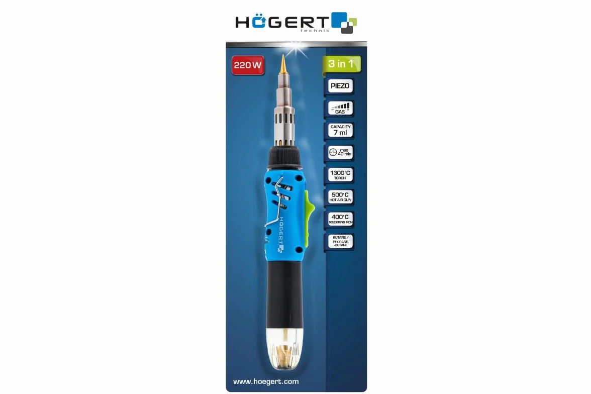 HÖGERT TECHNIK Saldatore a gas 3 in 1 220 W accensione piezoelettrica 400 °C 1300 °C 550 °C butano propano compatto ergonomico 40 minuti