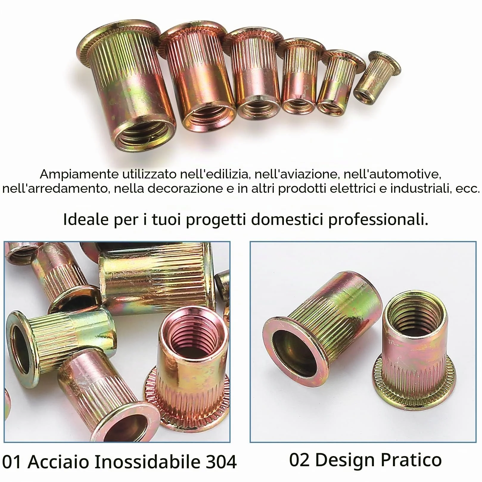 Inserti Filettati M3-M10, Rivetti Filettati in Acciaio al Carbonio, Testa Piatta Tonda, Nutsert Zincati, 300 Pezzi