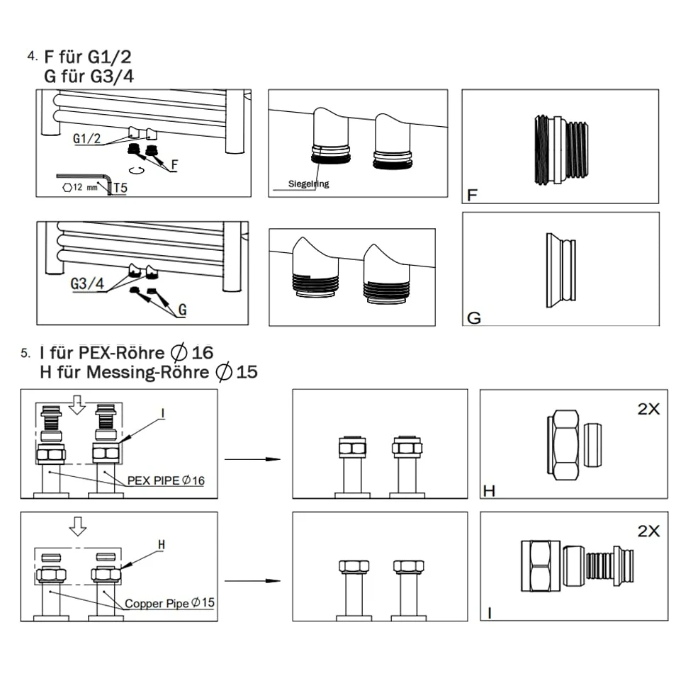 Set di radiatori multiblocco, valvola con termostato, forma angolare e forma passante, raccordi per valvola, attacco centrale, regolatore termostatico per termosifoni da bagno G 1/2" o G 3/4", 15