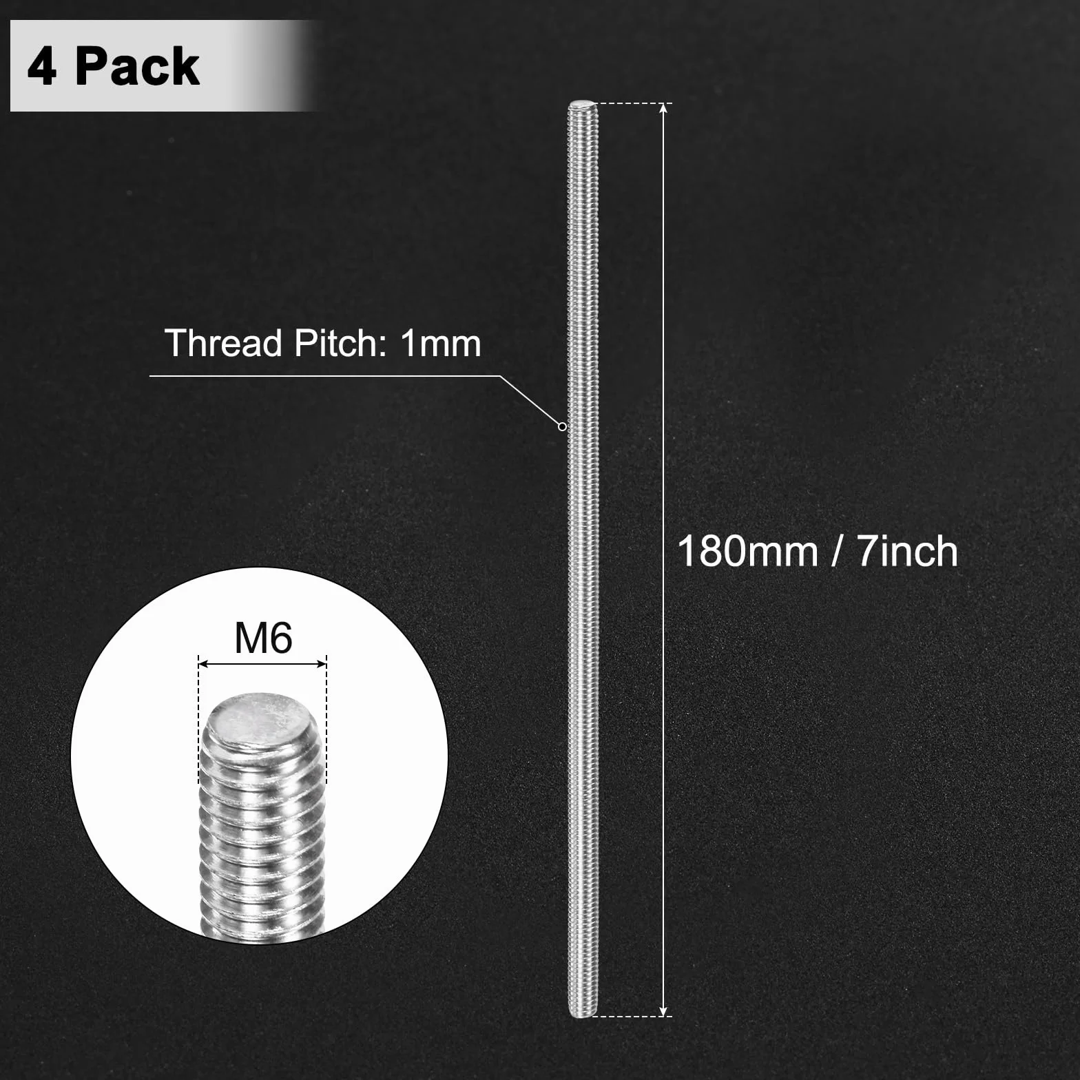 M METERXITY 4-Pack Barra Filettata Completa M6x180mm 304 Acciaio Inossidabile Filettatura Destra