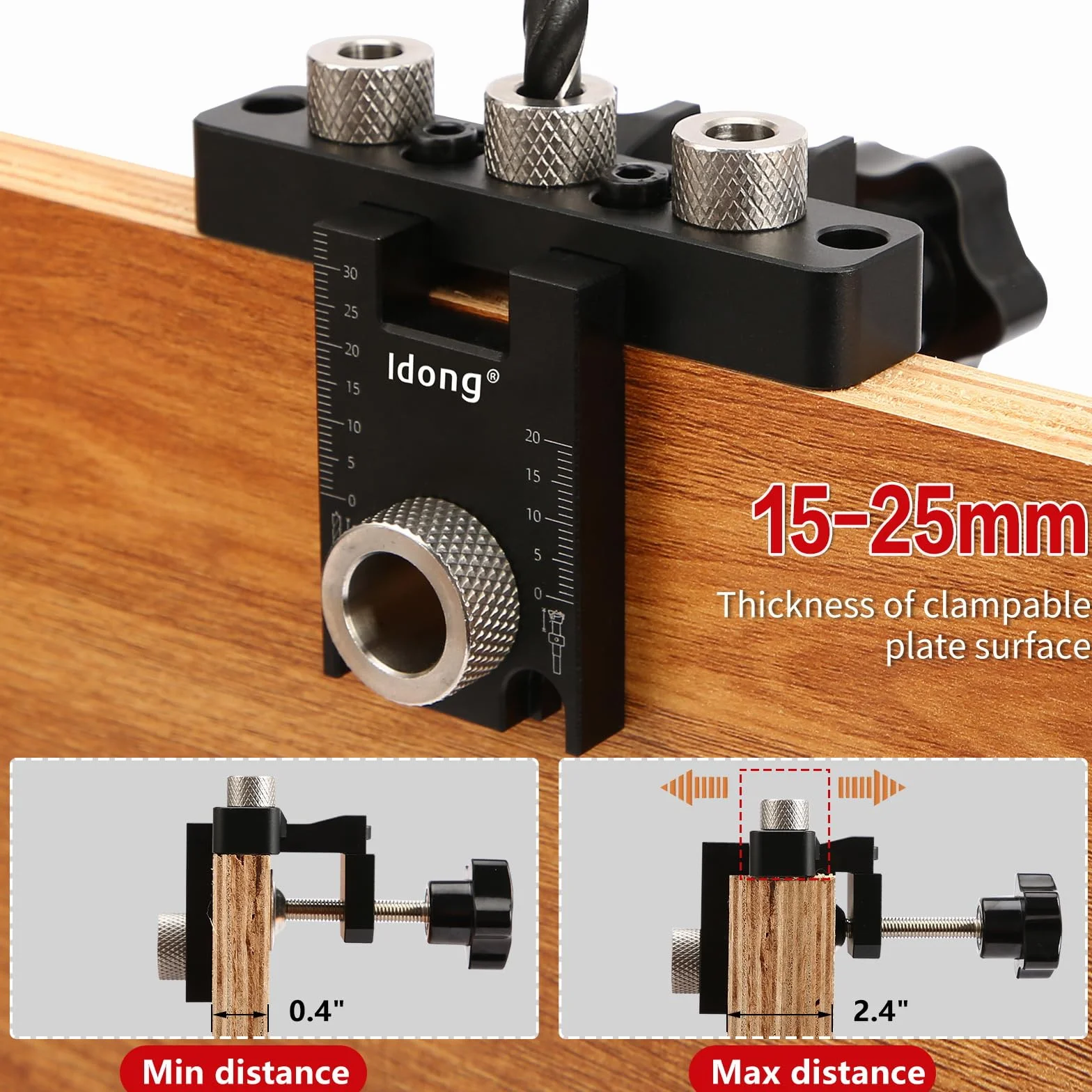 Idong 8/10/15mm Dima per Spinatura Legno 3 in 1 Fori a Tasca Kit Guida Trapano con Clip Regolabile