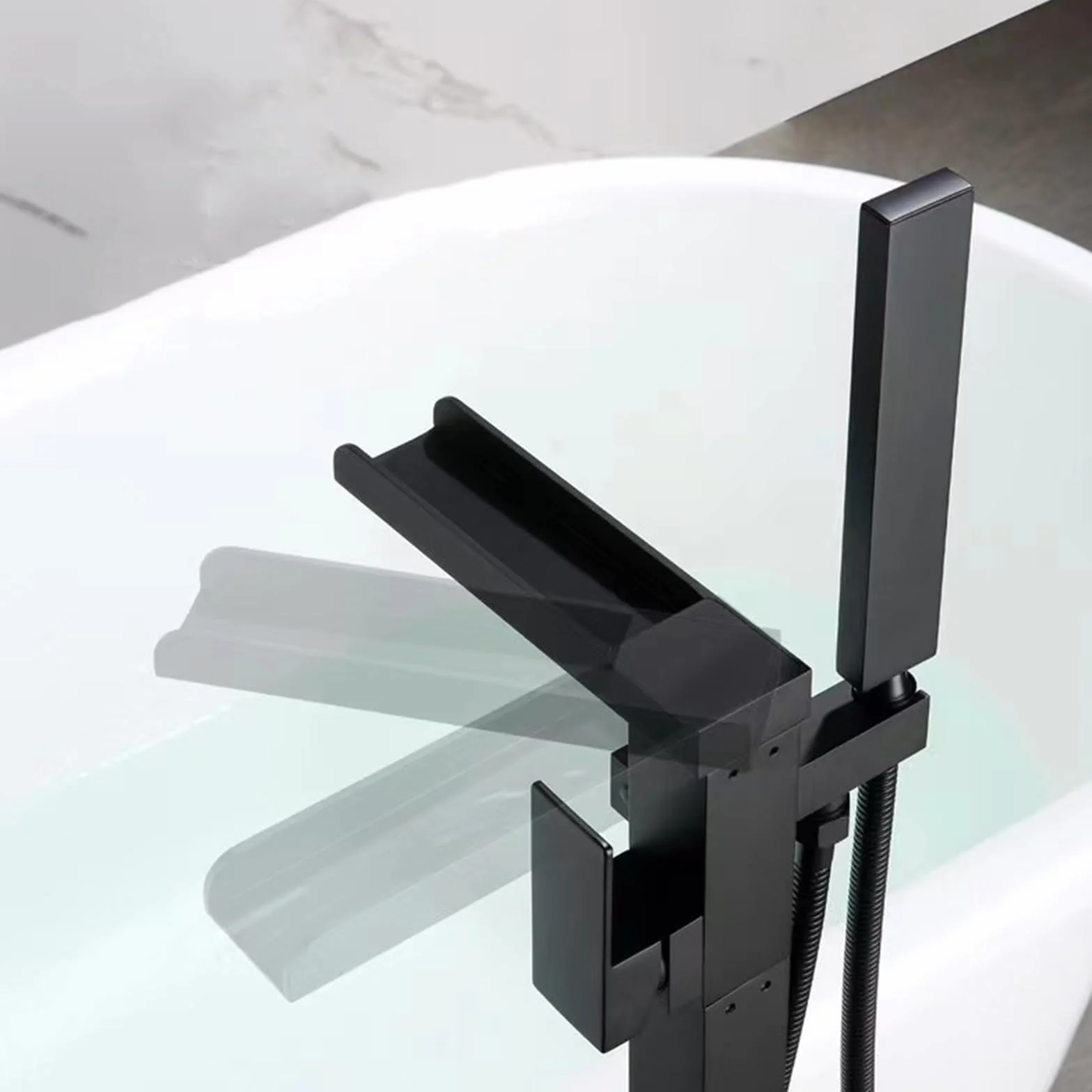 Rubinetto Vasca da Bagno Freestanding a Cascata Rubinetto Bagno Cascata con Doccia Portatile Per Vasca,nero