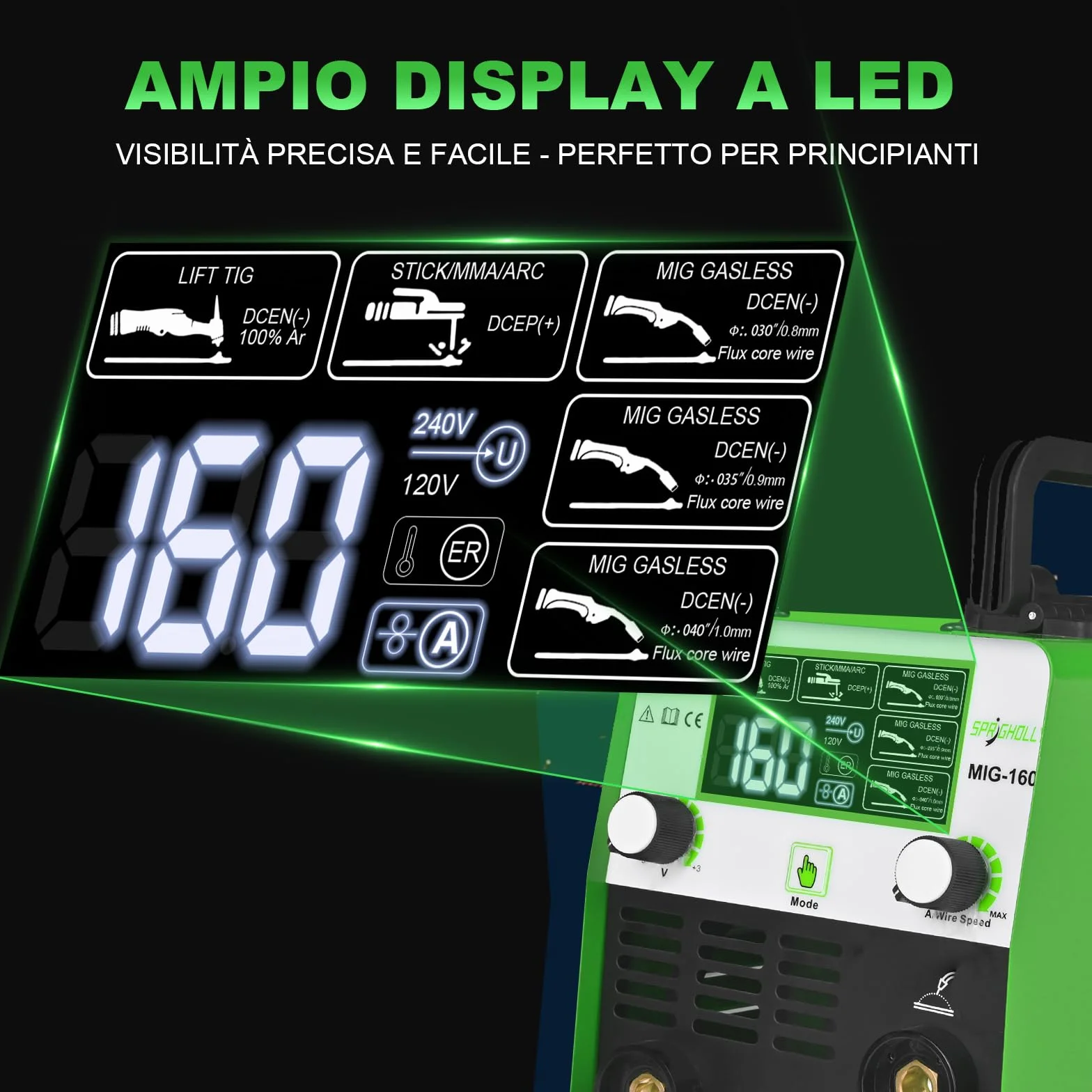 Saldatore Inverter IGBT 160 A 230 V MIG/MMA/Lift TIG 3 in 1 con Display LED