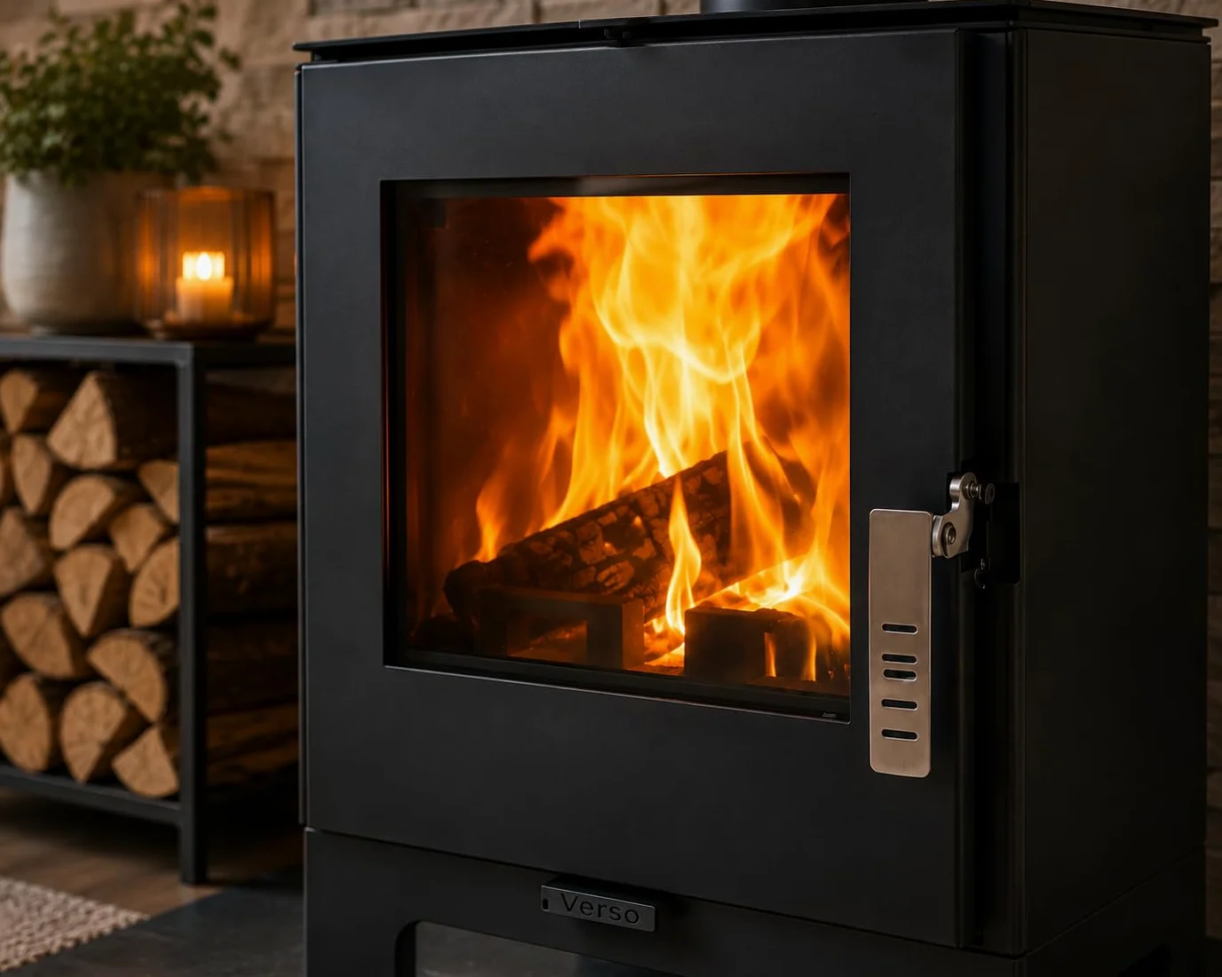 Verso - Stufa a legna da 2 l, 5 kW, 80,2% di alta efficienza, piastra superiore ultra compatta del corpo in acciaio (non ghisa), piccola stufa per 60-80 m³, Eco Low Emissions, 150 mm