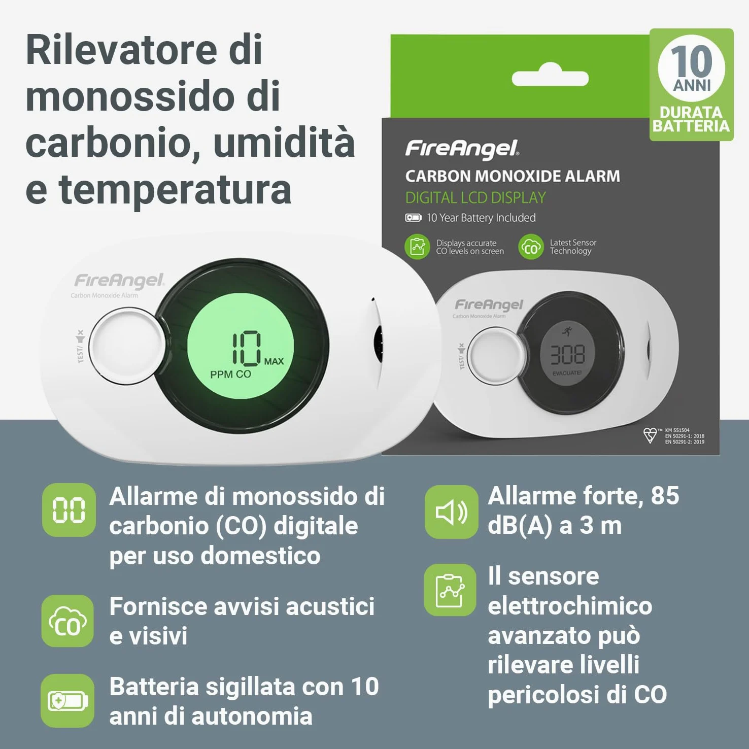 FireAngel Rilevatore Monossido di Carbonio – Rilevatore CO, Umidità, Temperatura FA3322 – Sensore Monossido di Carbonio per Casa e Viaggio