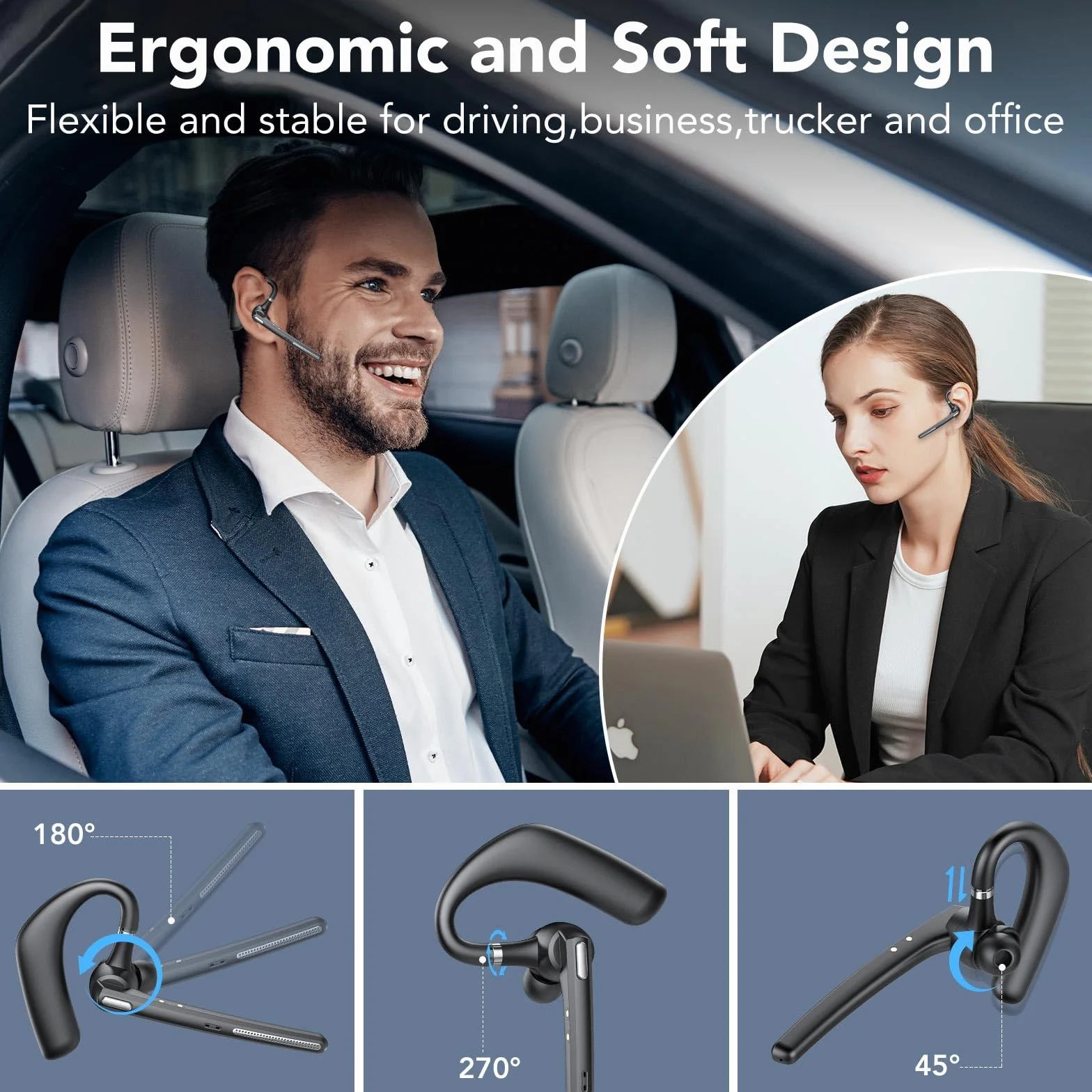 Auricolare Bluetooth V5.3, 60 Ore di Conversazione Cuffie Bluetooth Singolo con CVC8.0 ENC Doppio Microfono, Connessione a due Dispositivi, Display a LED, IPX7 impermeabile, Cuffie per la Guida/Affari