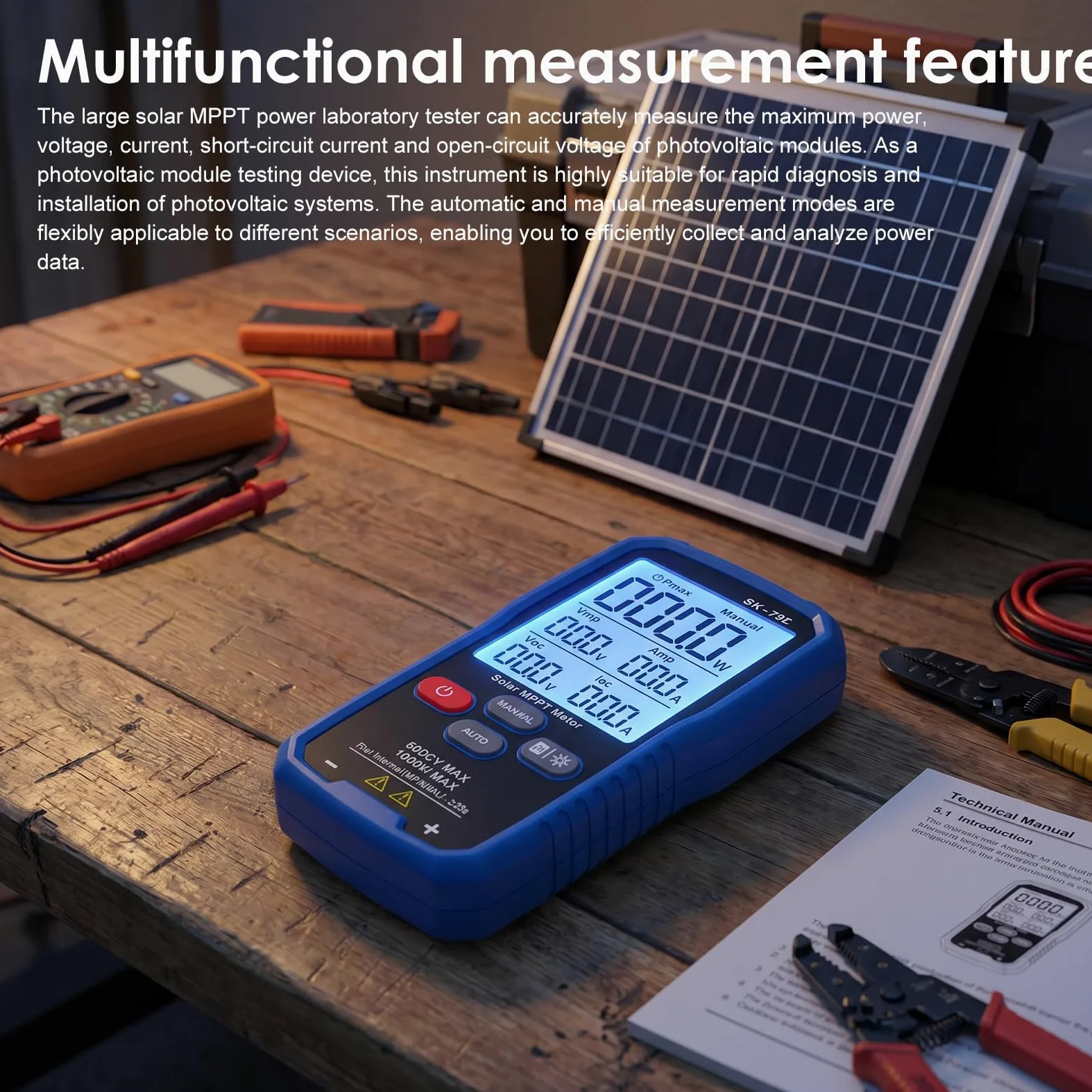 SK-705 Solar MPPT 1000 W Tester di potenza per moduli fotovoltaici, tester PV portatile con LCD da 3,2", misurazione automatica e manuale, Voc Isc Vmp Pmax