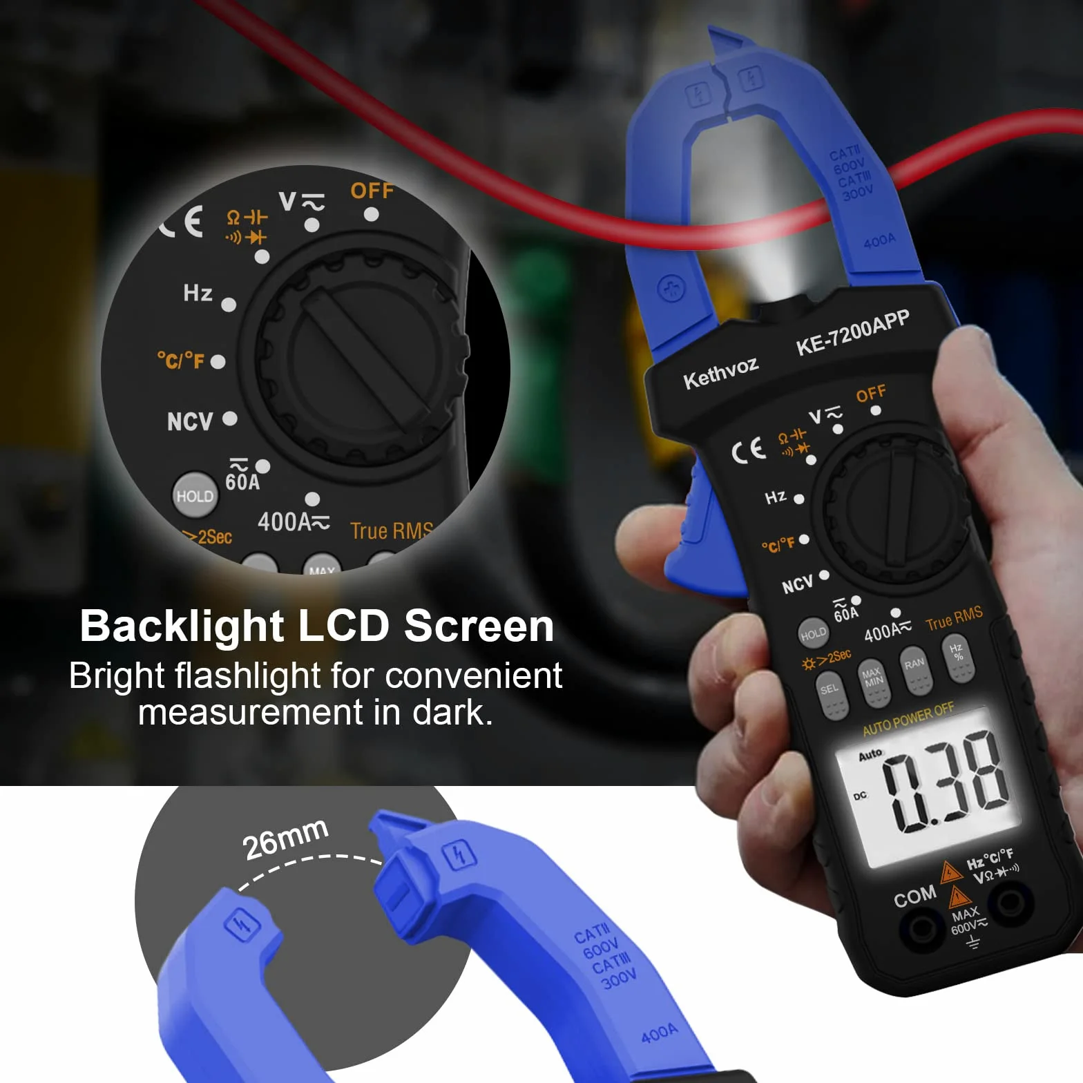 Digitale Pinza Amperometrica 400A CC/CA, Kethvoz Bluetooth Multimetro Professionale Misura AC/DC Elettrica Corrente Tensione Resistenza Capacità, 6000 Conteggi Amperometro KE-7200APP
