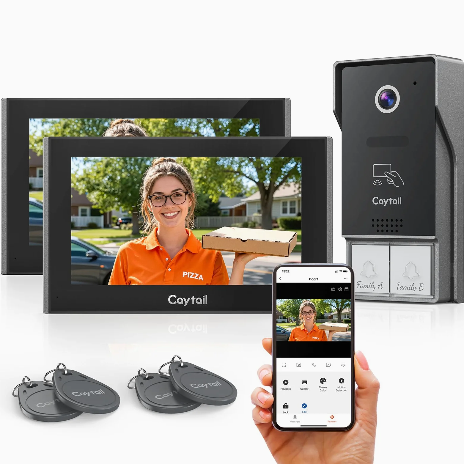 Kit Videocitofono 2 Fili WiFi6 Dual Band 2 Famiglie, Schermo Touch 7" IPS, Telecamera 1080P Visione Notturna, Audio Bidirezionale, Sblocco Remoto, RFID, Rilevamento Umano