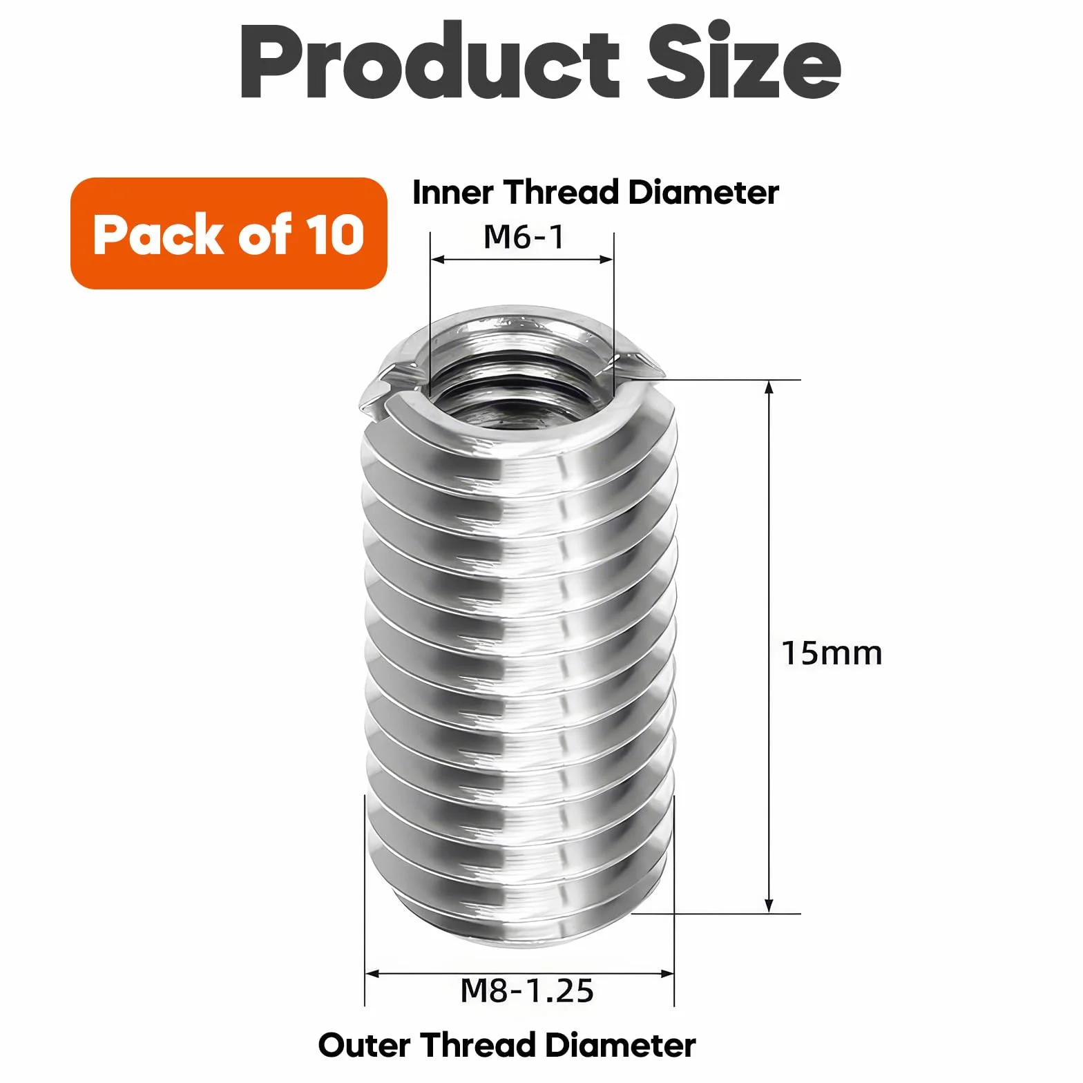 10 inserti filettati M8 su M6,adattatore filettato in acciaio inox,filettatura interna M6 X 1 e filettatura esterna M8 X 1,25,Inserto filettato autofilettante per automobili dispositivi