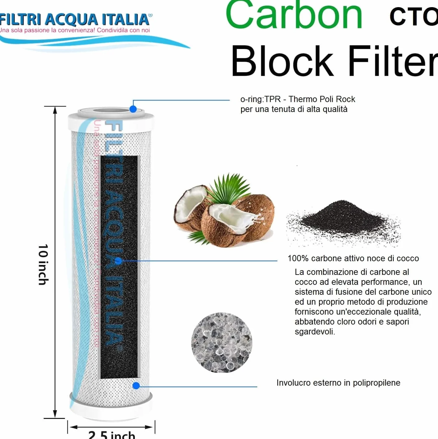 Cartuccia Carbon Block 5 Micron 10 Pollici CTO Filtro a carbone attivo per osmosi inversa Set 3 Pz. Filtri Acqua Italia®