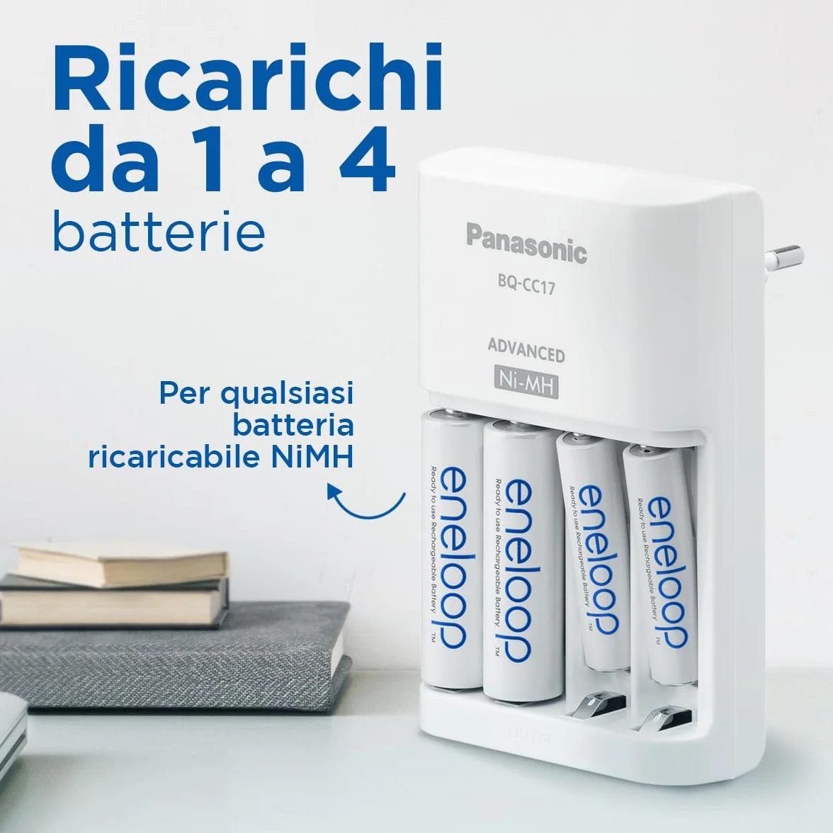 eneloop Caricabatterie Smart per Batterie AA/AAA Ni-MH, Include 4 Batterie AA 2000 mAh, 100-240V, Ricarica in 7 Ore