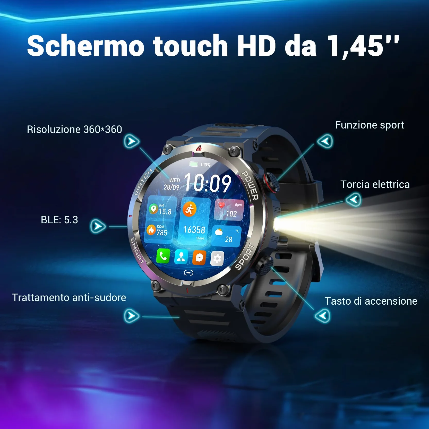 Blackview Smartwatch Uomo, Orologio Intelligente Fitness con Chiamate Bluetooth,1.45" Militari Smart Watch Tracker 100+ Modalità Sportive per Cardiofrequenzimetro,SpO2, Torcia,Bussola per Android iOS