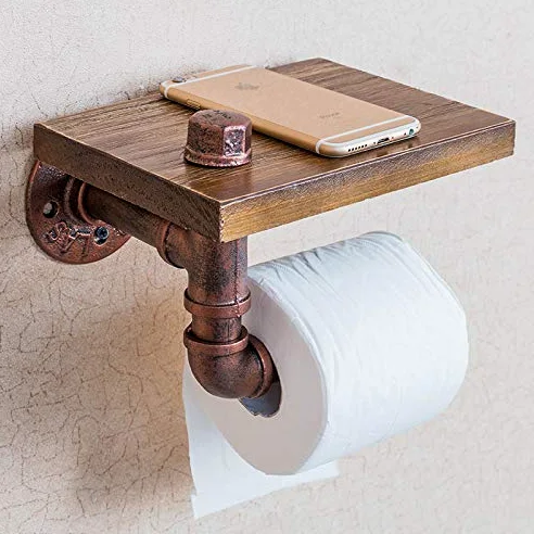 Portarotolo da parete industriale con ripiano in legno, accessorio da bagno rustico per risparmiare spazio