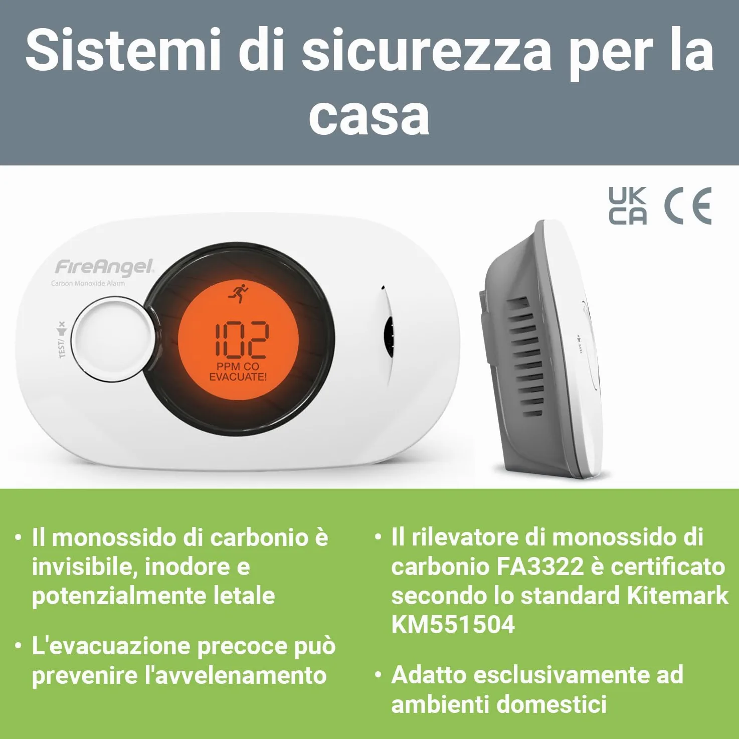 FireAngel Rilevatore Monossido di Carbonio – Rilevatore CO, Umidità, Temperatura FA3322 – Sensore Monossido di Carbonio per Casa e Viaggio