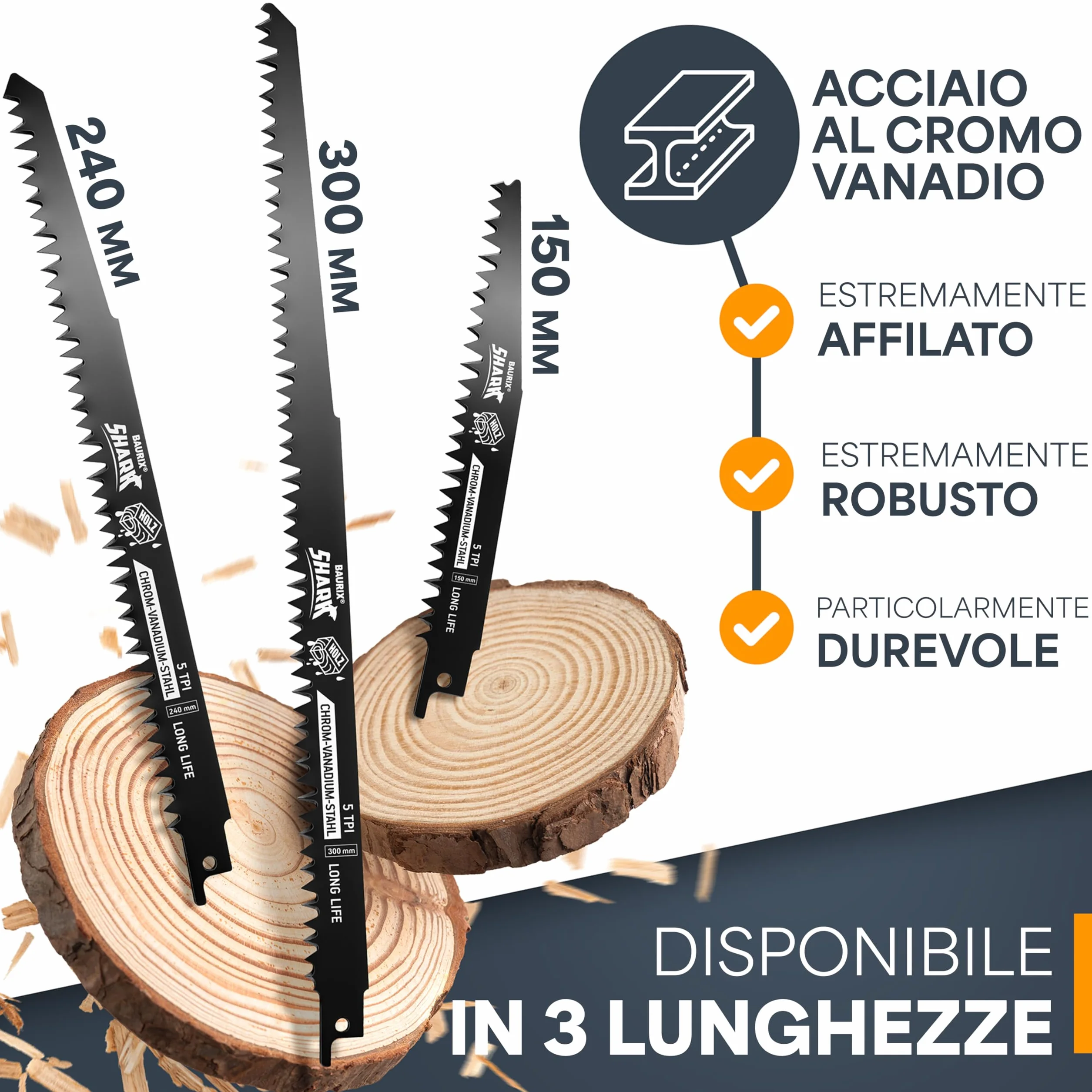 BAURIX® Lame per Seghetto SHARK® [5 Pezzi] - 240 mm - 5 TPI - Per Tagli Veloci e Puliti su Legno Grezzo, Umido, da Ardere e Vivo