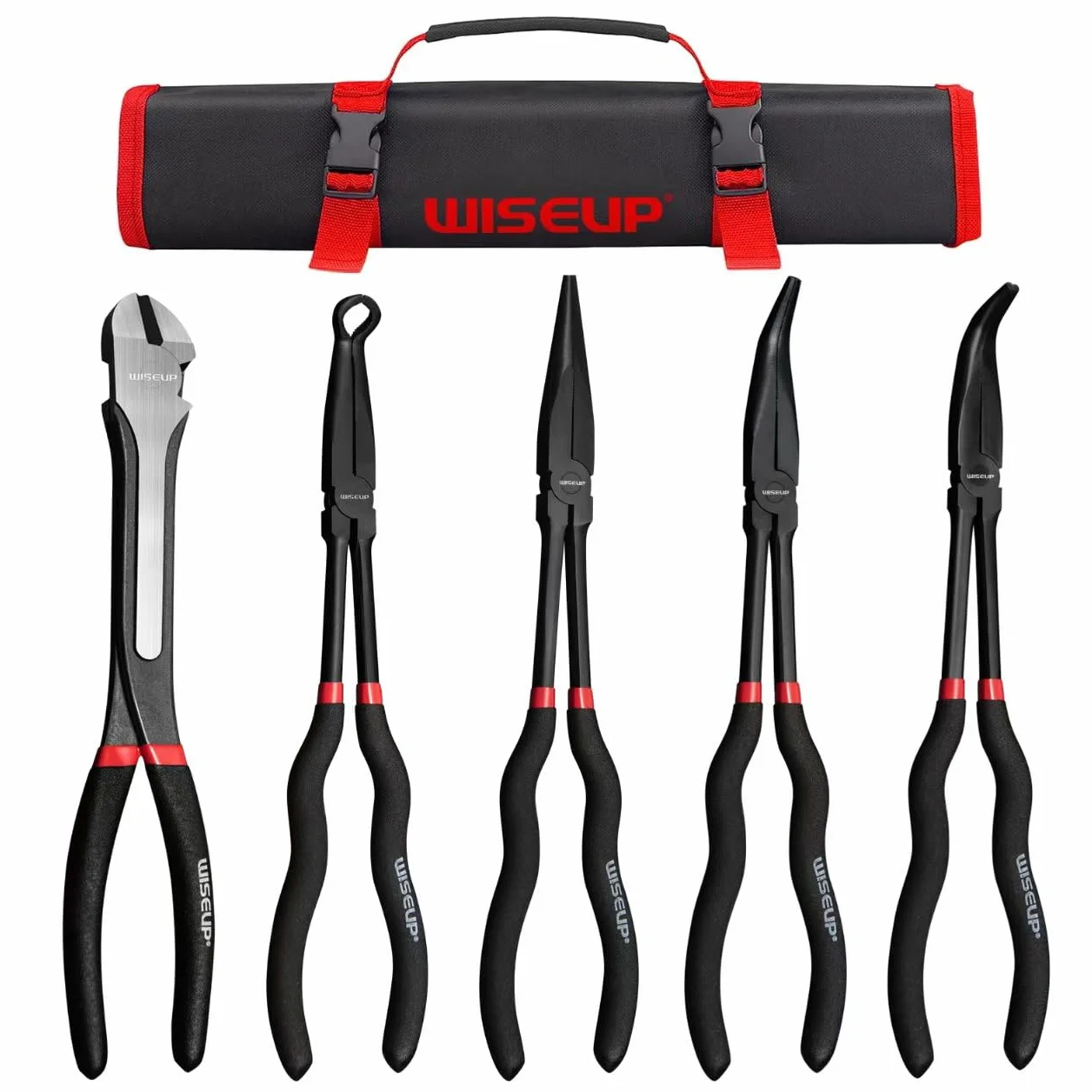 WISEUP Set 5 pinze a becco lungo, acciaio al carbonio, 11", dritte, 45°, 90°, tagliafili laterali
