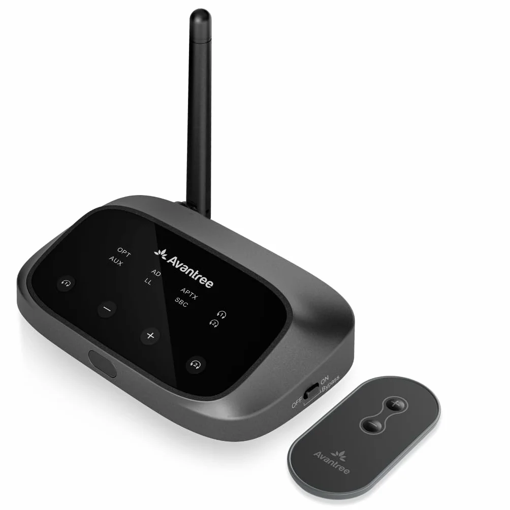 Avantree Oasis Plus 2 – Trasmettitore Bluetooth per TV con controllo del volume a distanza, supporta due cuffie, aptX‑Adaptive, passthrough soundbar, per TV con uscita ottica o AUX