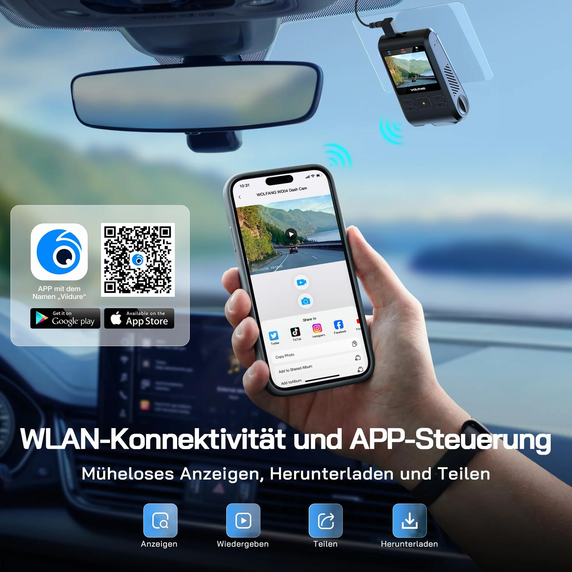 WOLFANG Dash Cam Auto 1440P, WiFi Dashcam per Auto con Scheda SD 32G, Telecamera Auto 170° Grandangolo, Visione Notturna,G-Sensor, WDR, Monitor di Parcheggio, Registrazione in Loop