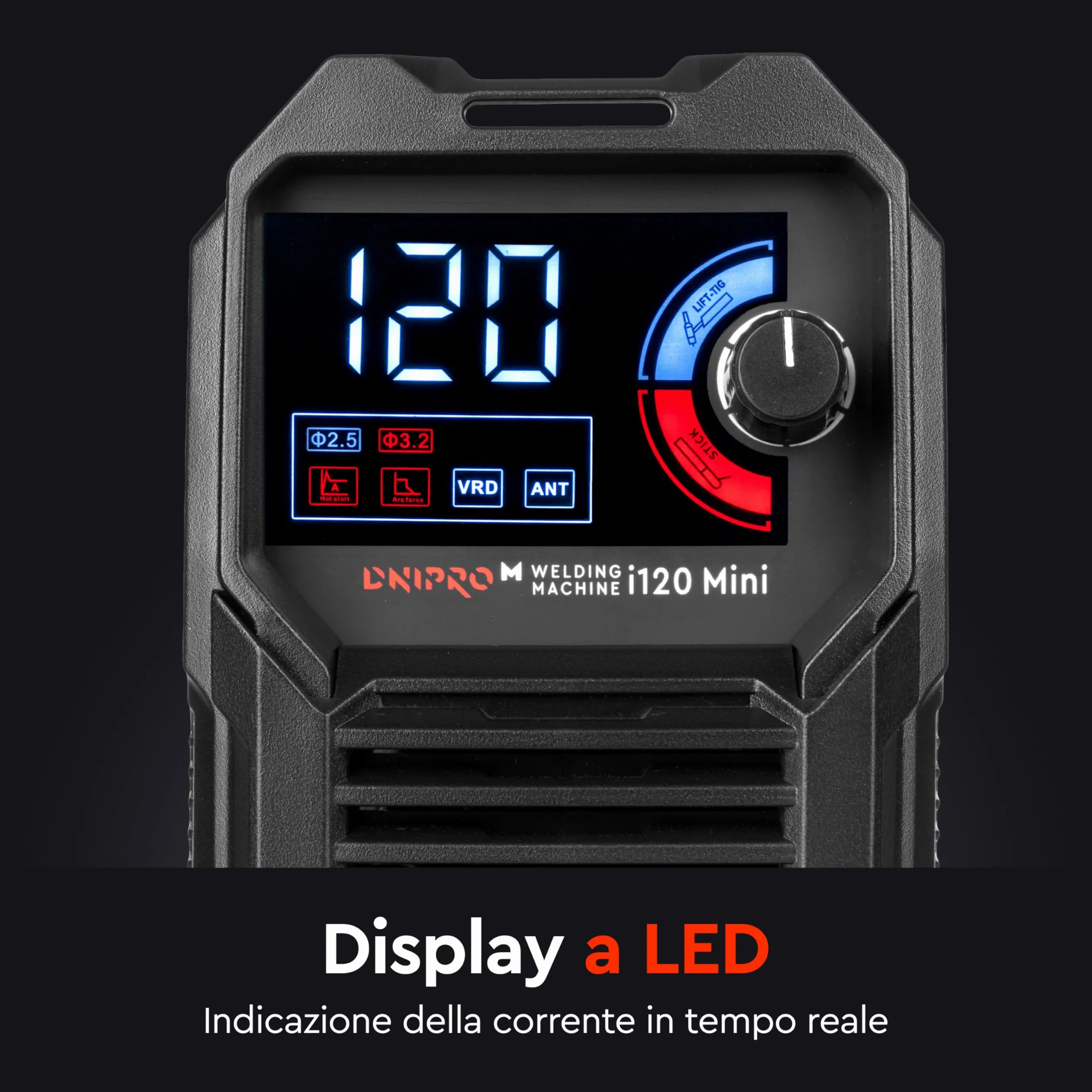 Saldatrice Elettrodo Dnipro-M i120 Mini 120A 230V Inverter con Hot Start ArcForce AntiStick VRD Display LED