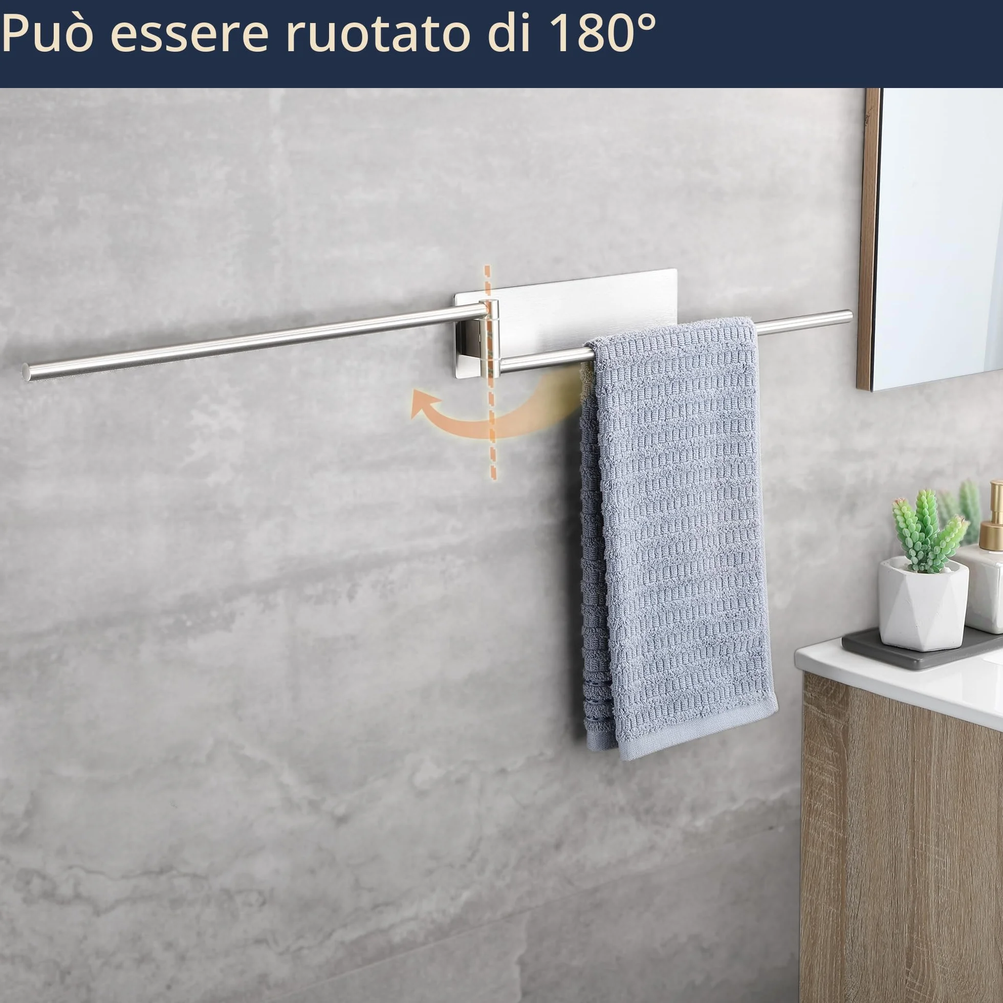 Porta Asciugamani Bagno Adesivo Argento Girevole 180° Acciaio Inox 304 Senza Foratura