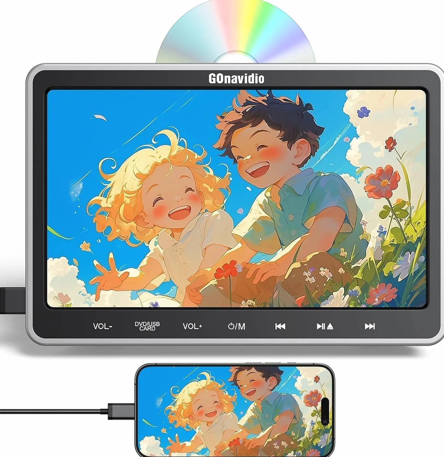 GOnavidio Lettore DVD per Auto 10,1'' con Ingresso HDMI, Lettore DVD per Auto con Supporto per Poggiatesta, Supporto video 1080P, Scheda USB/SD, AV IN/AV OUT, Resione Libera (No Batteria)
