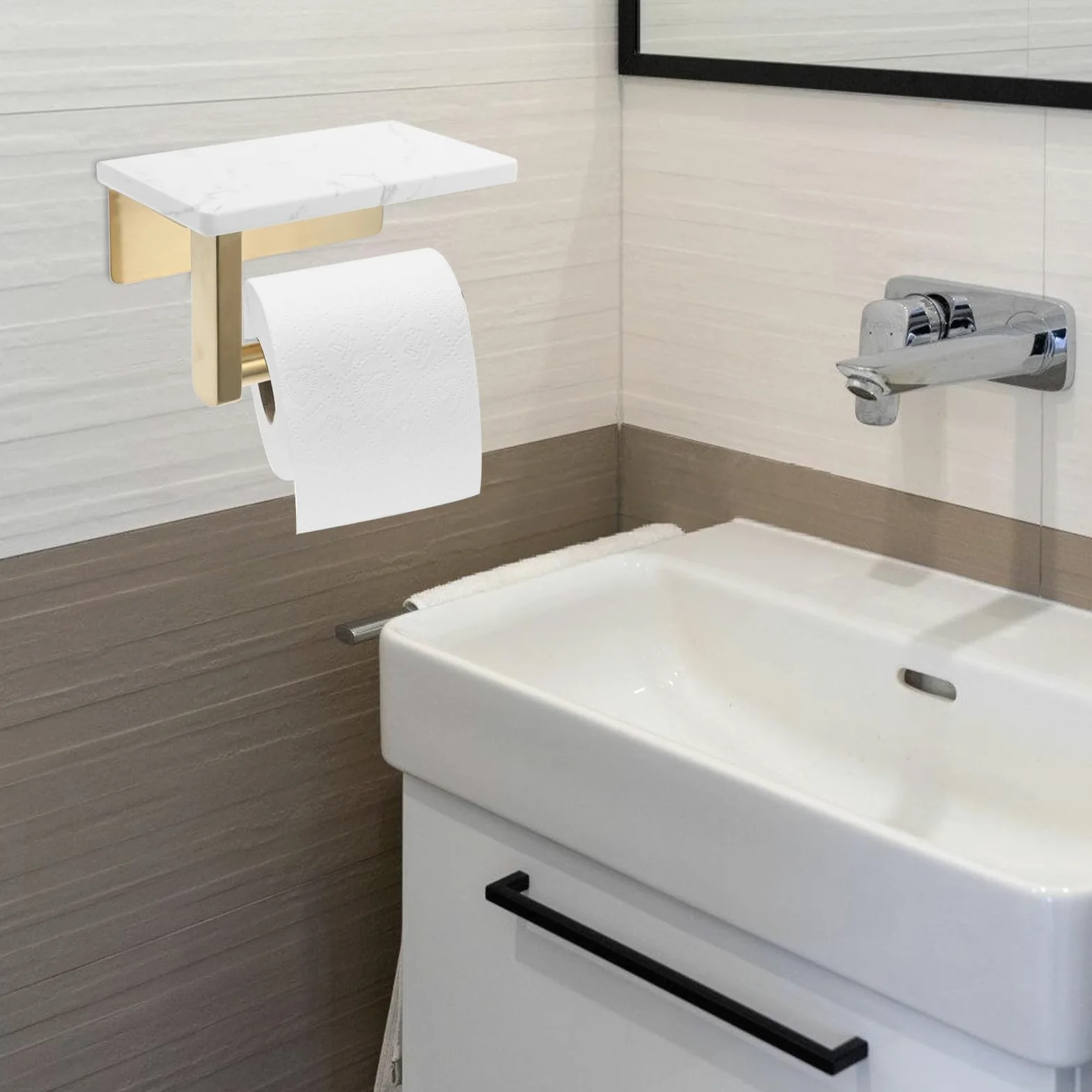 Porta Carta Igienica Mensola in Marmo, Acciaio Inox da Parete | Porta Asciugamani di Carta da Bagno Mensola in Marmo, Distanza Fori Centrali 8, 3cm, per Bagno