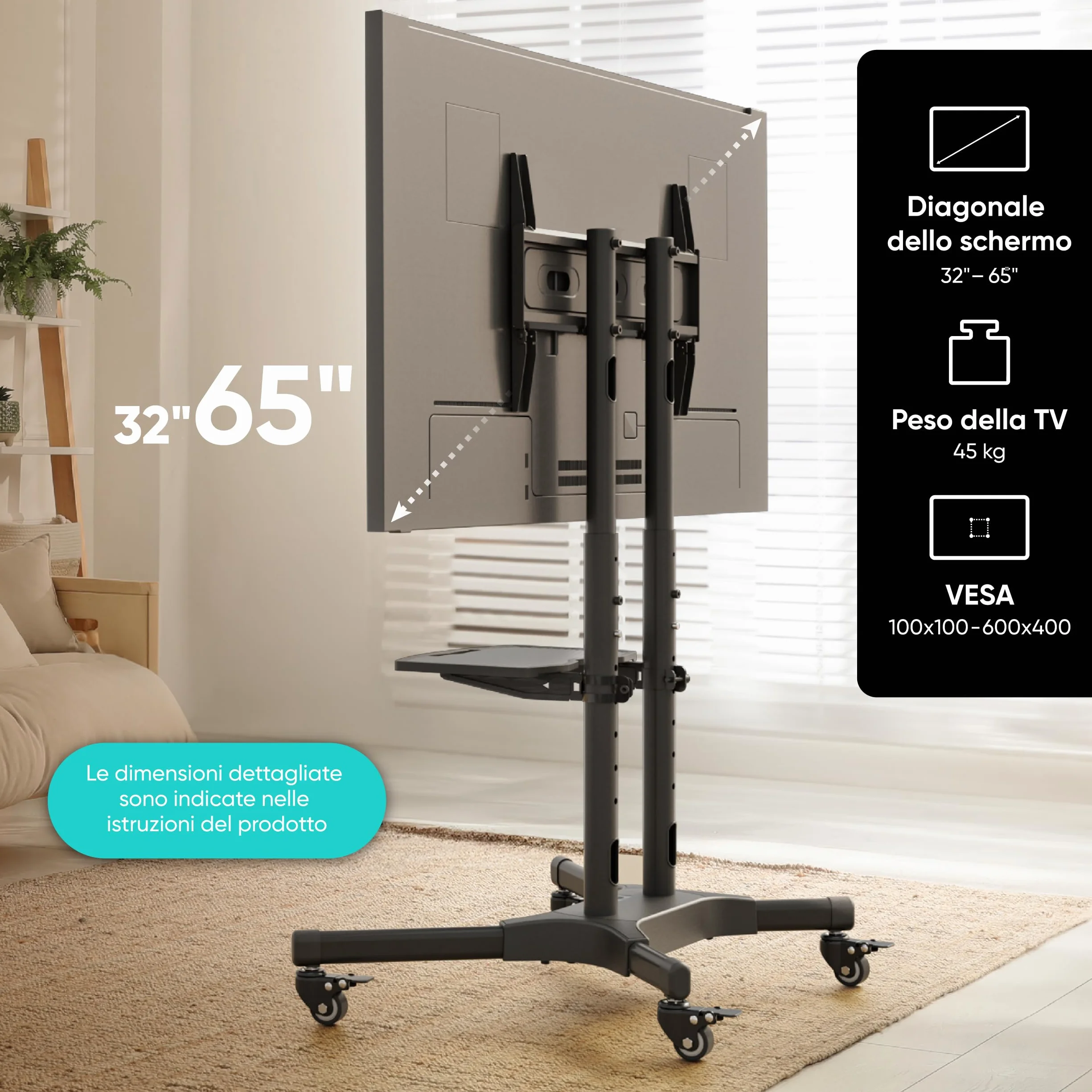 ONKRON Supporto TV da Pavimento 32" - 65", Carico max 50 kg, Porta televisore mobile VESA 100x100-600x400, Carrello TV con Ruote e Ripiano, Piedistallo da Terra, Altezza regolabile, Nero, TS1351-B