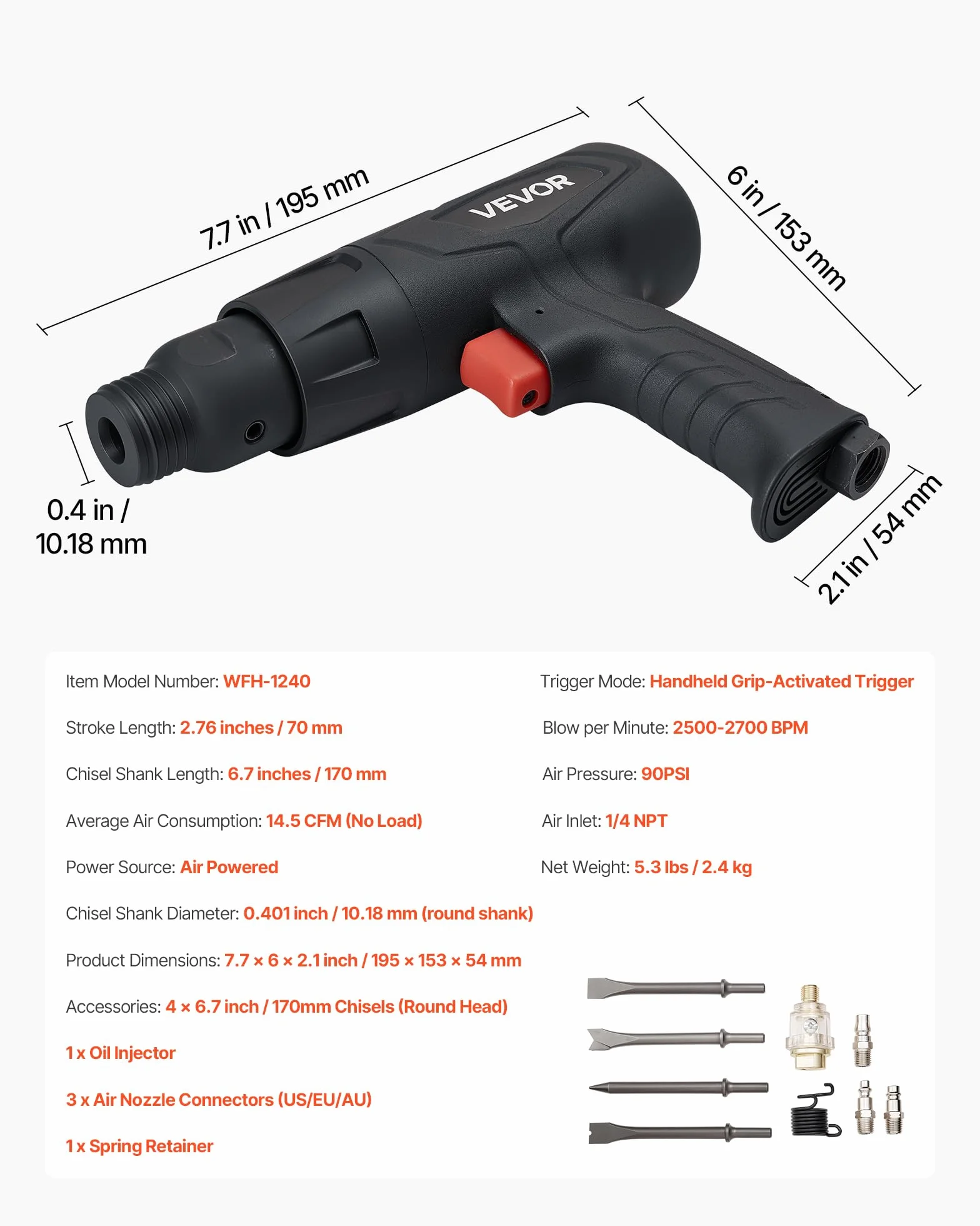 VEVOR Martello Pneumatico 2500-2700 Colpi/min, Corsa 7 cm, 4 Scalpelli 17 cm