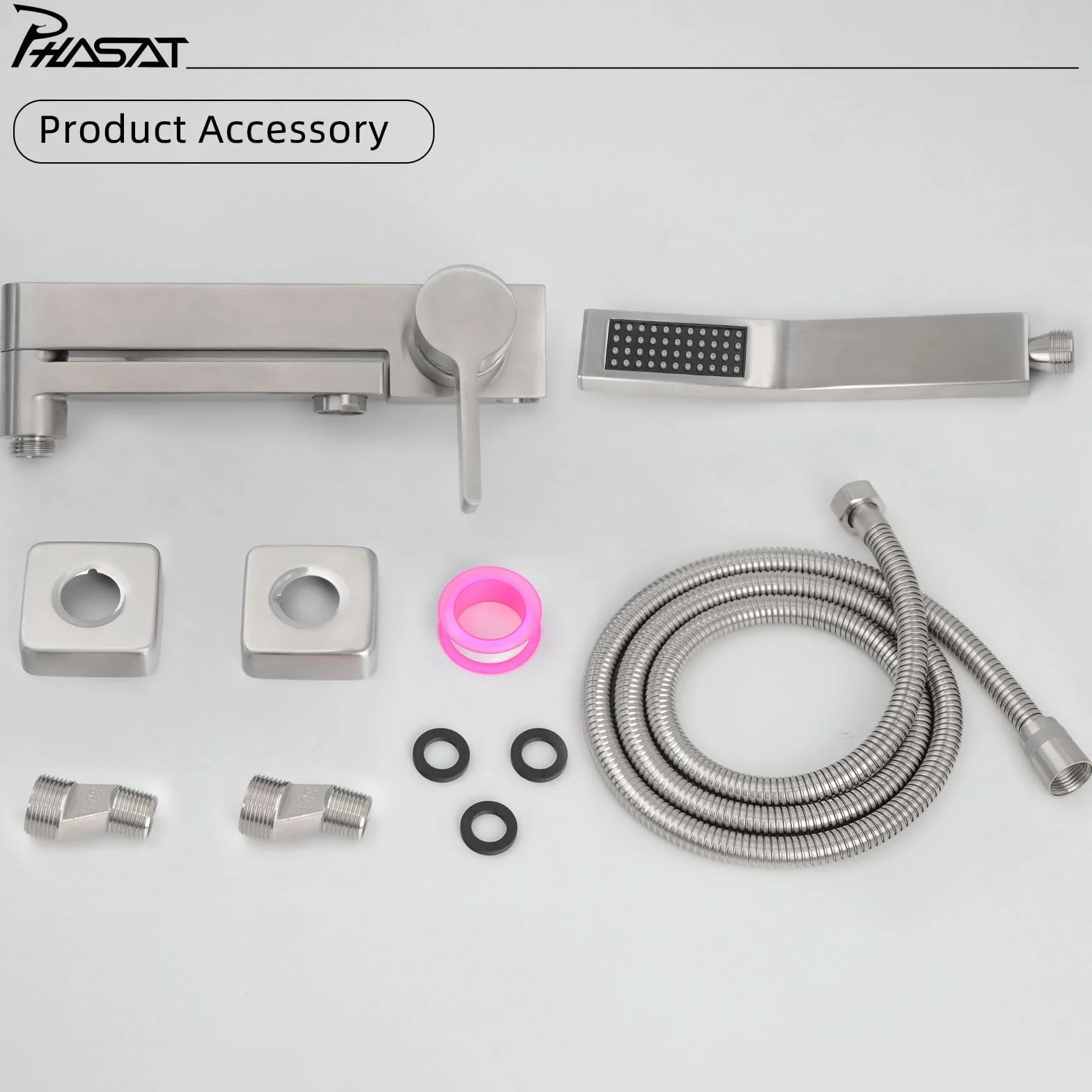 PHASAT Rubinetti per Vasca con Doccetta, Miscelatore per Doccia per Bagno, Rubinetto a Parete Bagno Bocca girevole a 90 °, Nichel Spazzolato PTBL17E