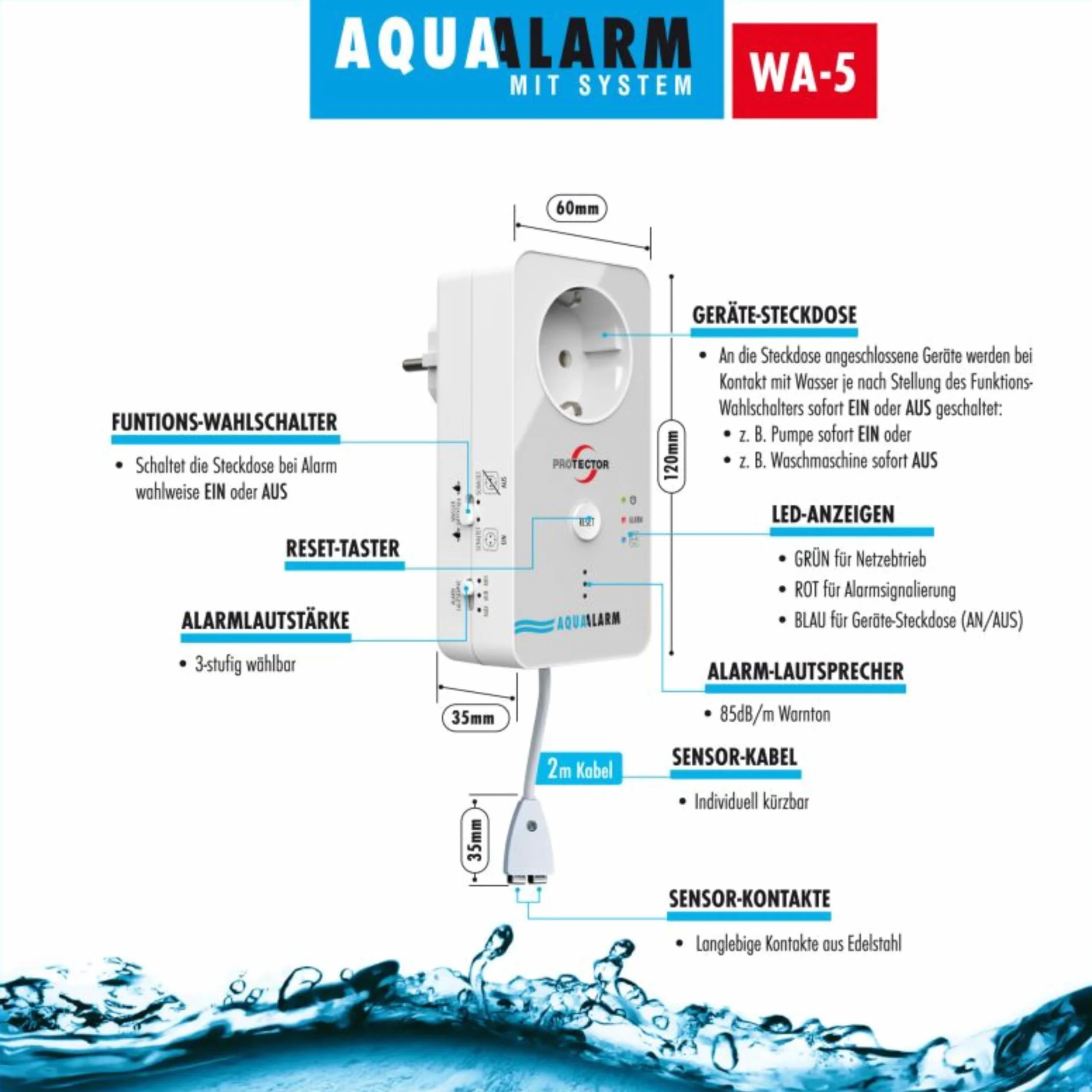 M-e modern-electronics WA-5 - Rilevatore d'acqua con sensore esterno alimentato a rete