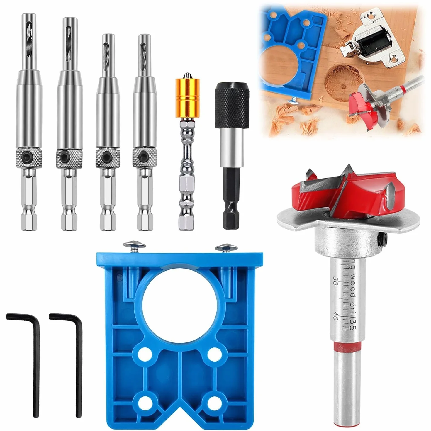 Set Punte per Cerniere Nascoste 35 mm Forstner Legno Trapano Regolabile Dima Cerniere a Scodellino