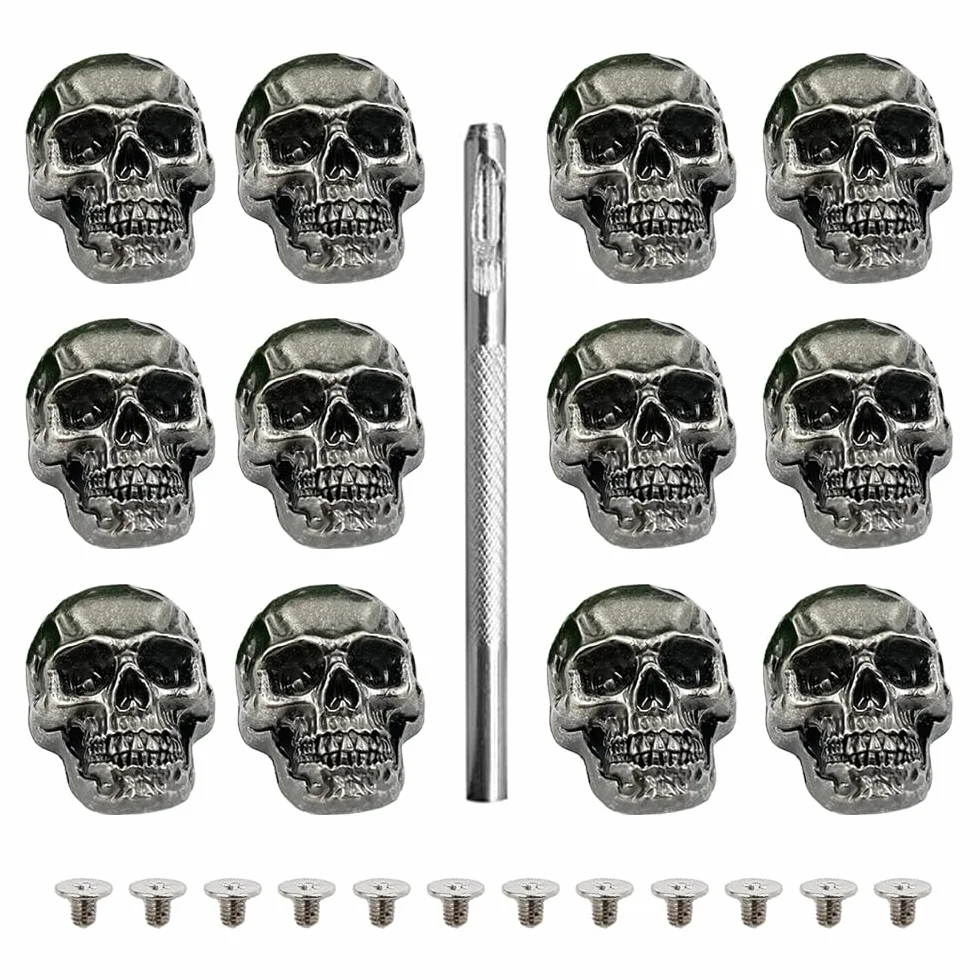 Borchie Teschio con Vite di Fissaggio 12 Pezzi Cranio Tappo Vite Borchie Punk per Borsa Vestiti Scarpe