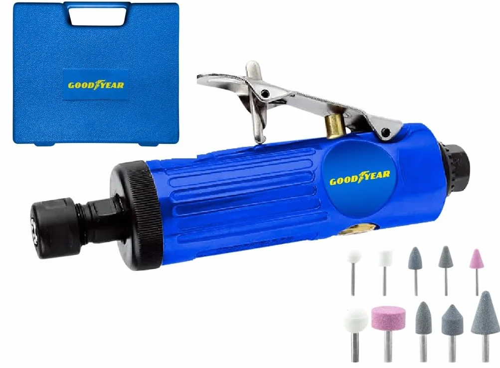 Goodyear - Smerigliatrice diritta pneumatica professionale 22000 rpm 1/4" e 1/8", lega di alluminio, kit con 10 pietre per affilare, 2 mandrini e accessori inclusi (Amoladora recta)