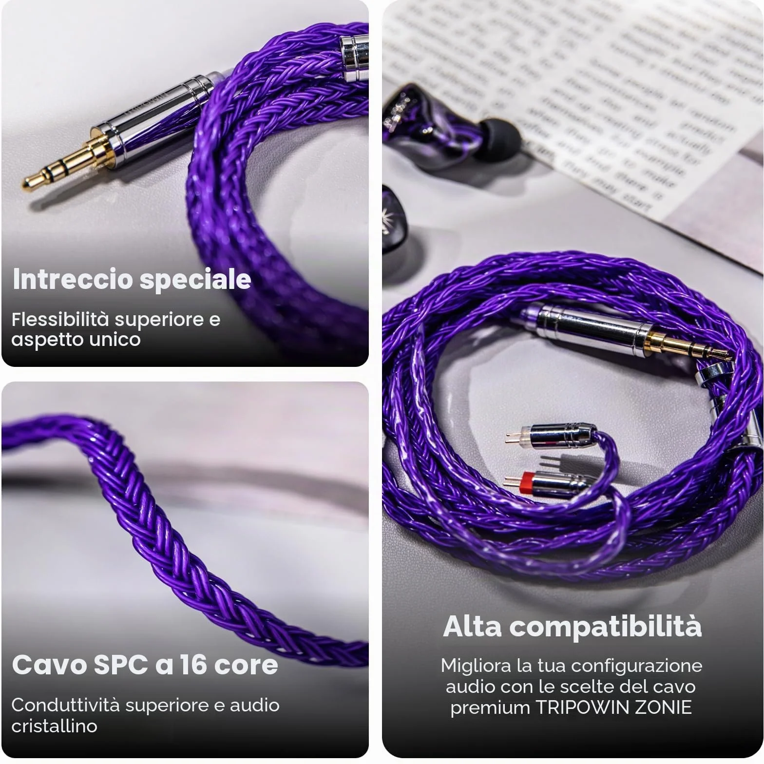 Linsoul Tripowin Zonie IEM Cavo, 16 Core Placcato Argento Cordoni Aggiornati, 1.25m SPC in Ear Monitor Cavi per 7hz Zero:2 Orchestra Lite Cadenza Hype4 Supermix4(2pin 0.78mm, 4.4mm)(Viola)