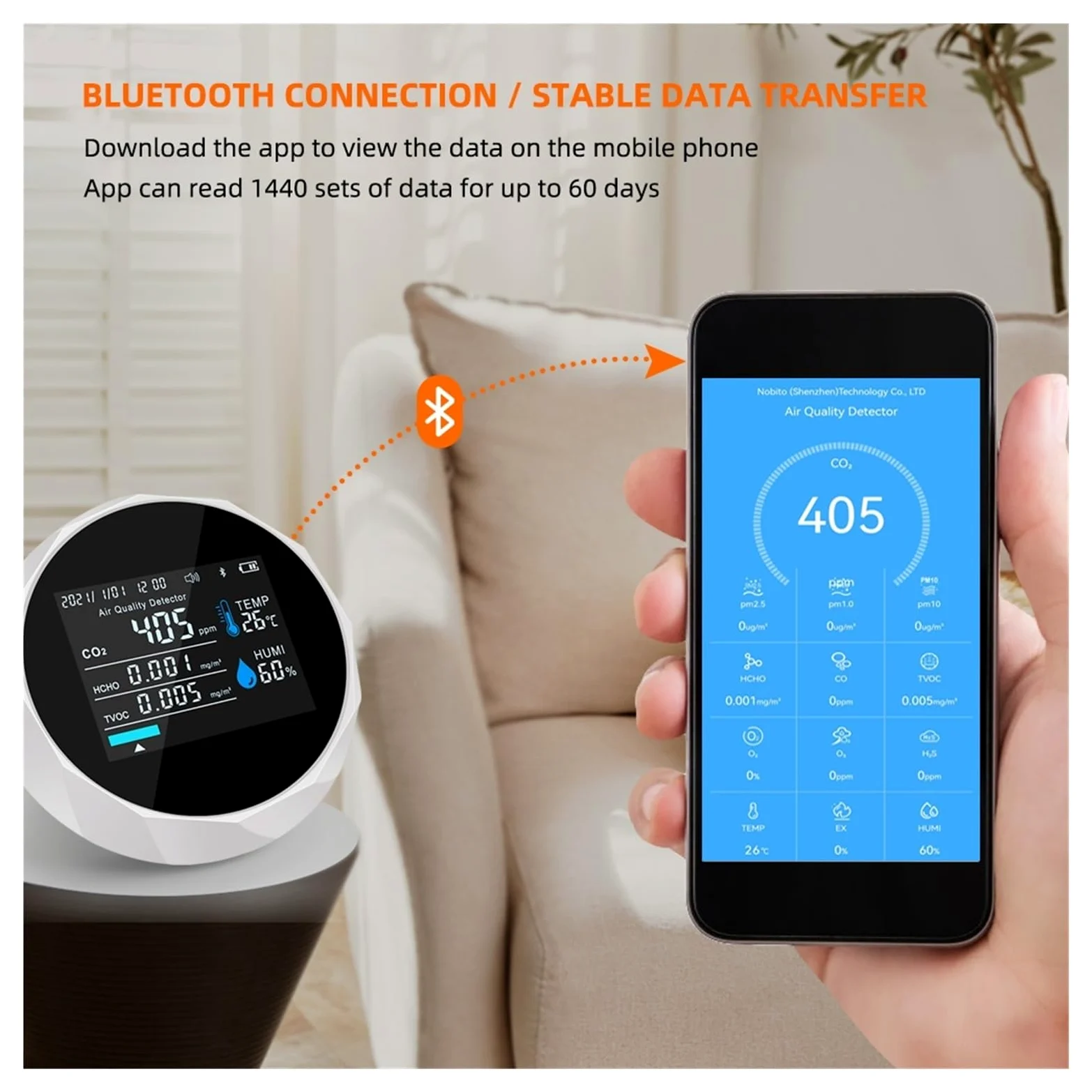 Monitor d'aria multifunzione TVOC HCHO Misuratore di CO2 Tester qualità del gas Umidità Temperatura Rilevatore controllo dente blu Per cucina e camper(Noir)
