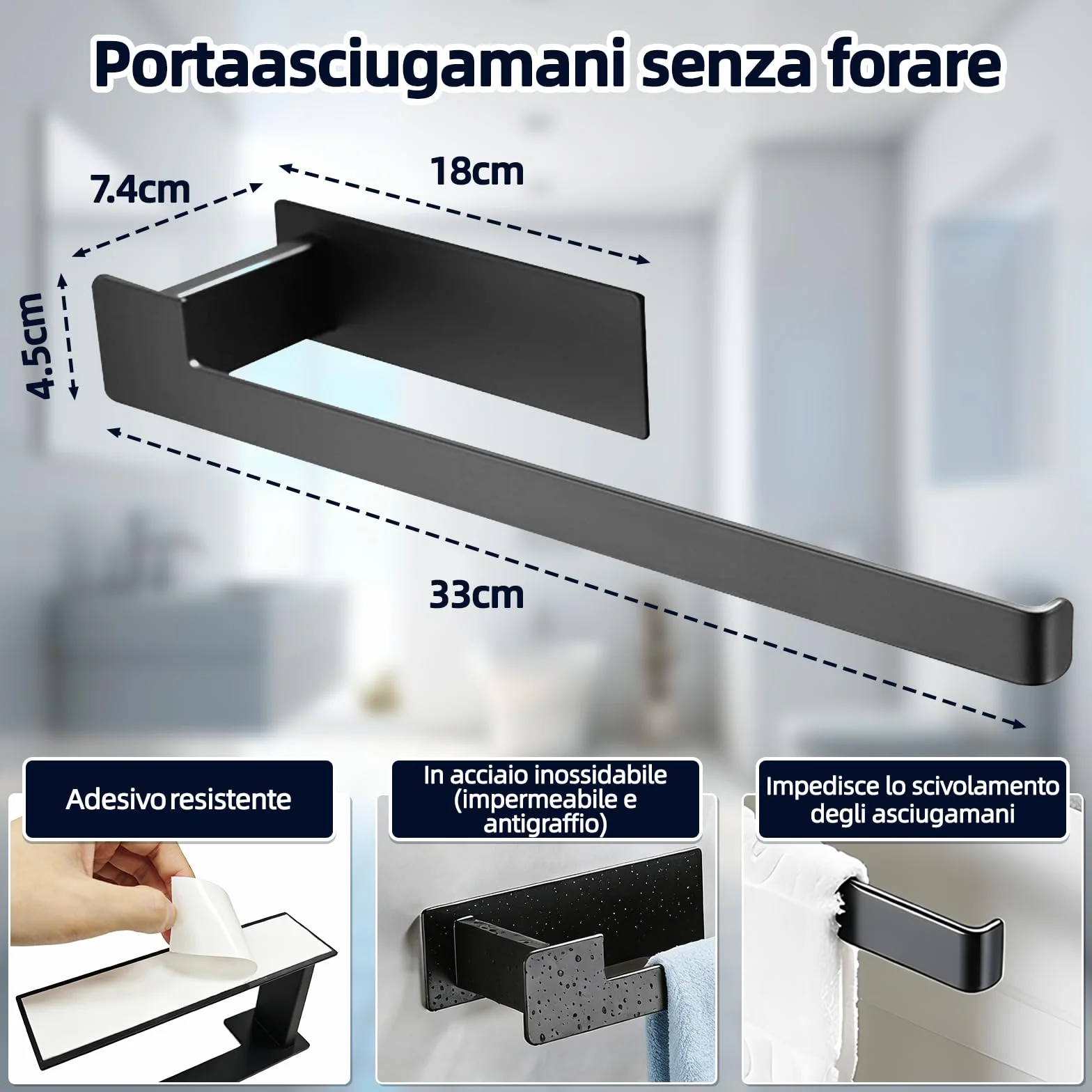 Portasciugamani da Parete 33 cm Acciaio Inox 304 Nero Opaco Adesivo Senza Fori Impermeabile per Bagno e Cucina