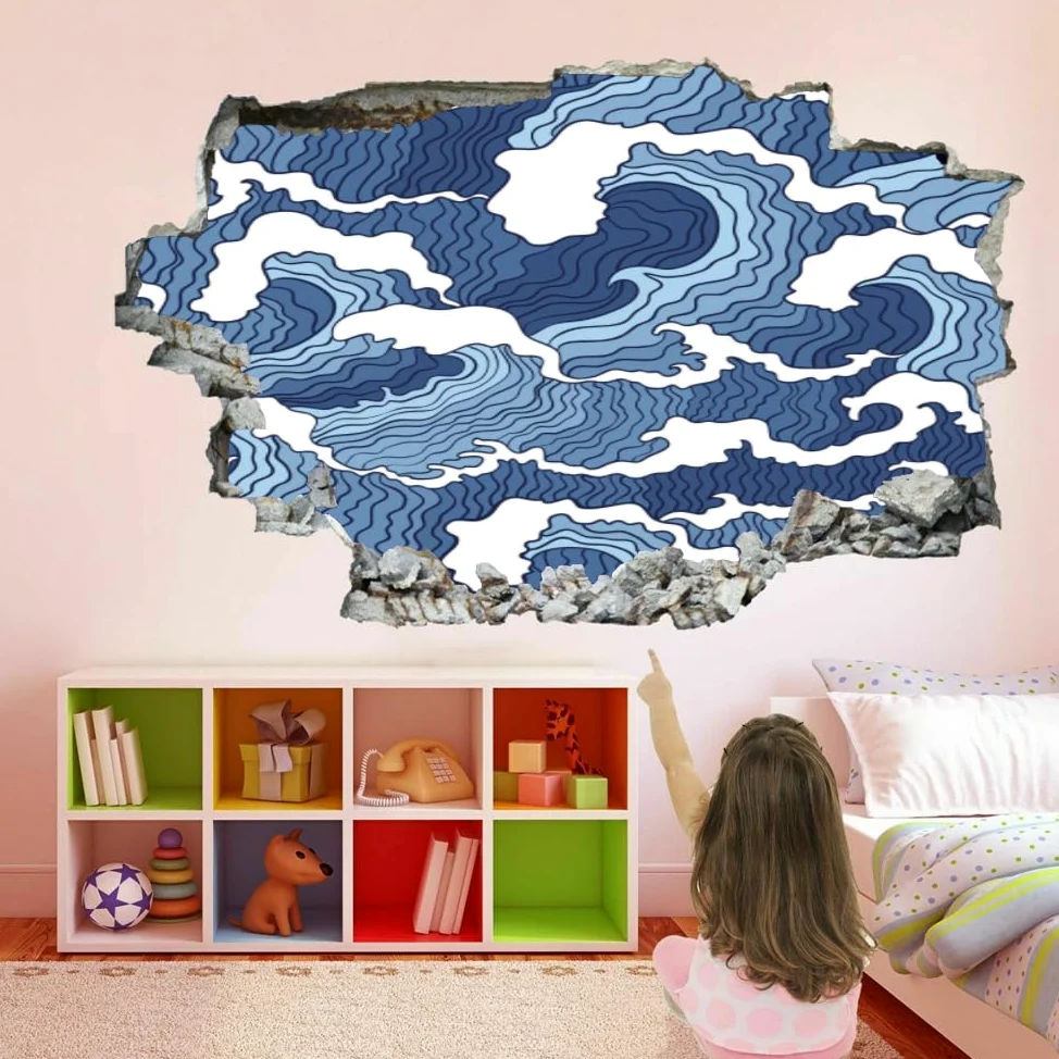 Adesivi murali 3D Murales fracassati Onde blu Decalcomanie da pavimento rimovibili Arte Arte astratta per camera da letto Soggiorno Porta del bagno Cucina Ufficio Nursery Decorazione murale