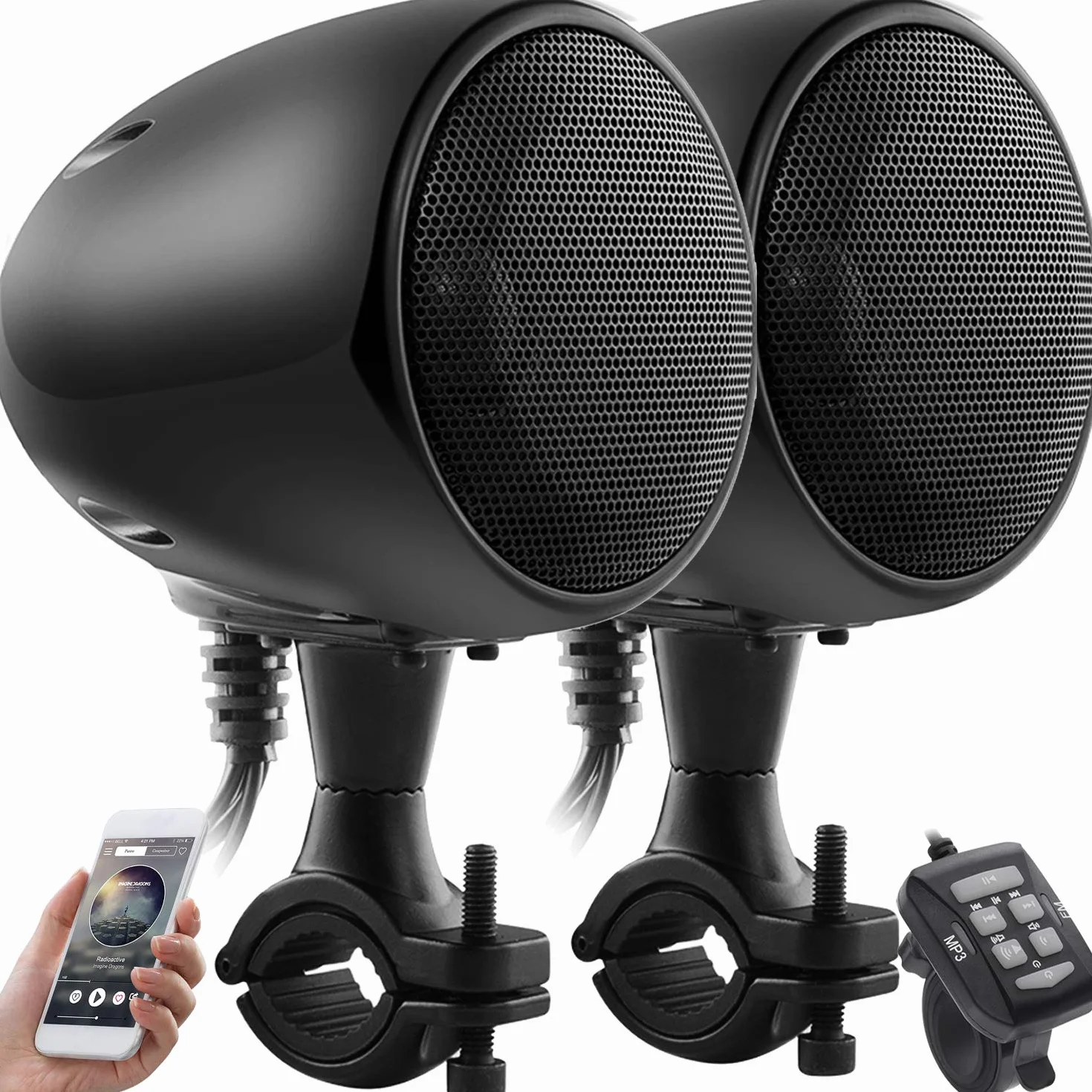 iMESTOU Sistema Audio per Moto 4 Pollici Bluetooth Altoparlanti Stereo Impermeabile 300 W Classe D AUX MP3 Amplificatore Integrato Fit per 1-1.25 Pollici Manubrio Moto ATV UTV