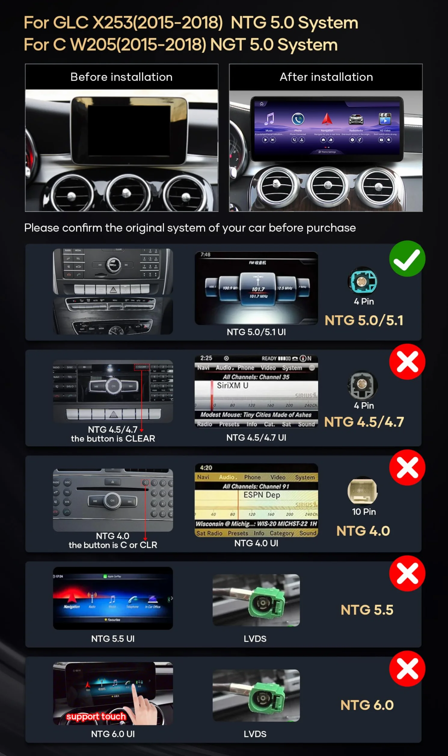 12.3" HD Car Radio Screen Stereo GPS per Mercedes C W205 GLC 253 NTG 5.0 Android 8 core Qualcomm 8 GB + 128 GB built-in Wireless CarPlay Android Auto DSP IPS 4G WiFi Bluetooth 5.1