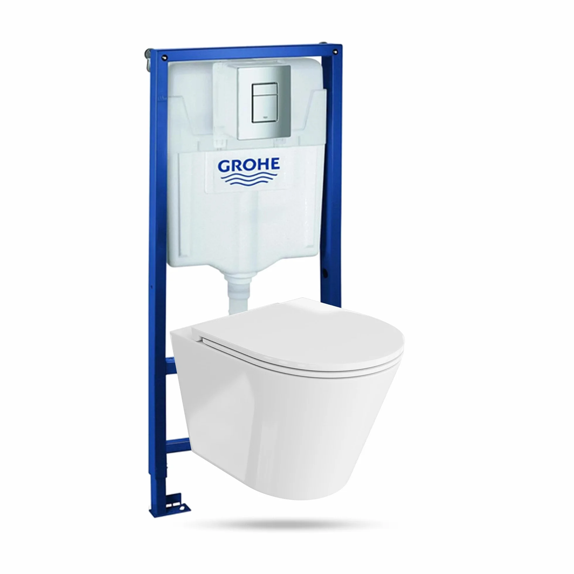 Grohe - Elemento frontale con piastra di pressione cromata + WC lavita Galve senza bordo + sedile WC con sistema soft-close softclose, set di supporti da parete
