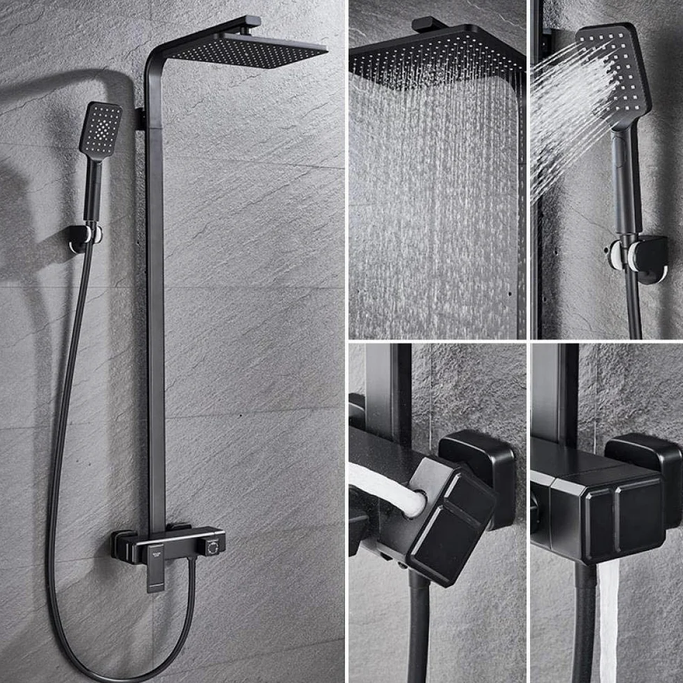 Set Rubinetto Doccia Cromato Nero con soffione a Pioggia e Miscelatore Manuale a 3 Vie per Vasca - Opaco