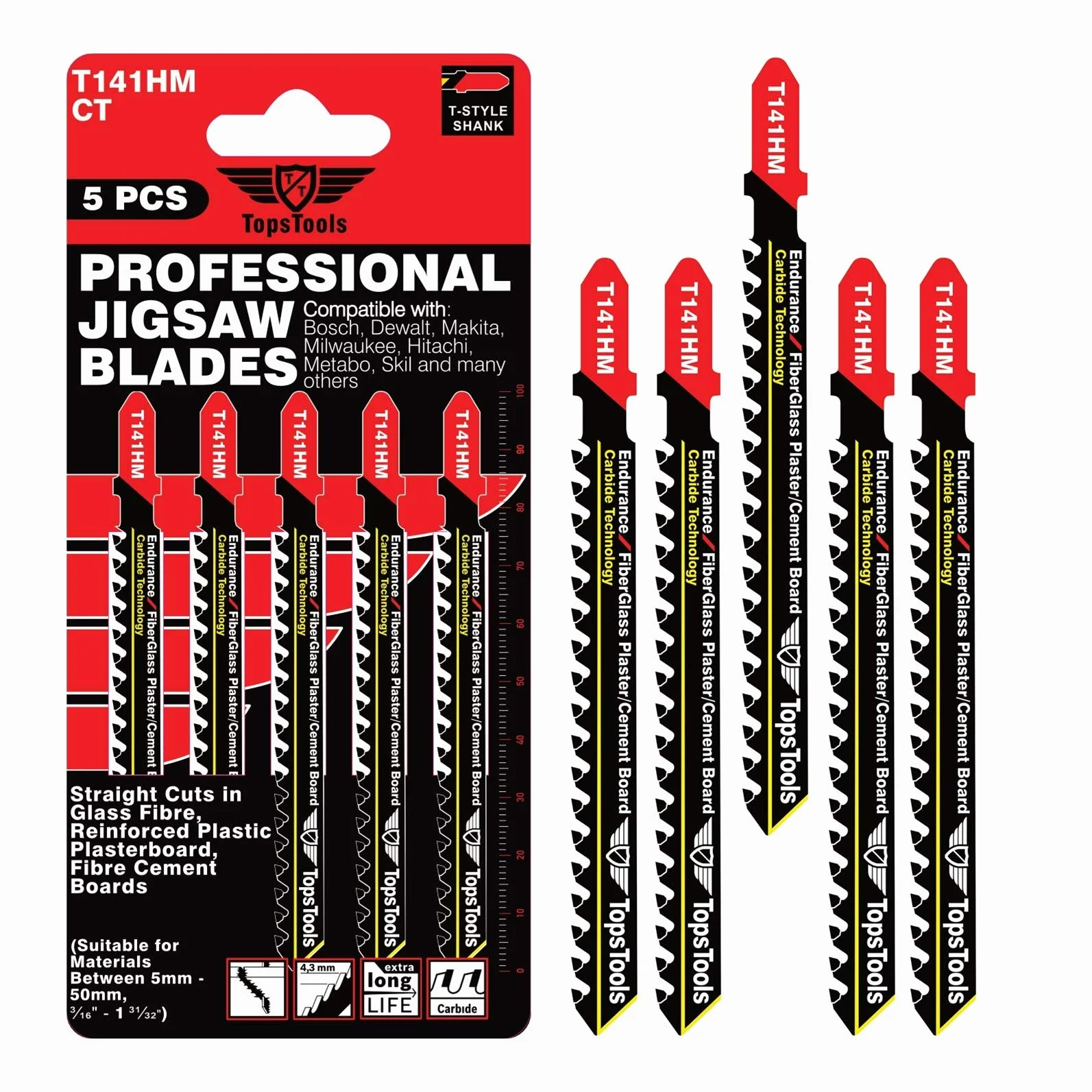 5 lame per seghetto alternativo TopsTools JSTT141HM T141HM lunghe 100mm compatibili con Bosch Dewalt Makita Milwaukee e molti altri