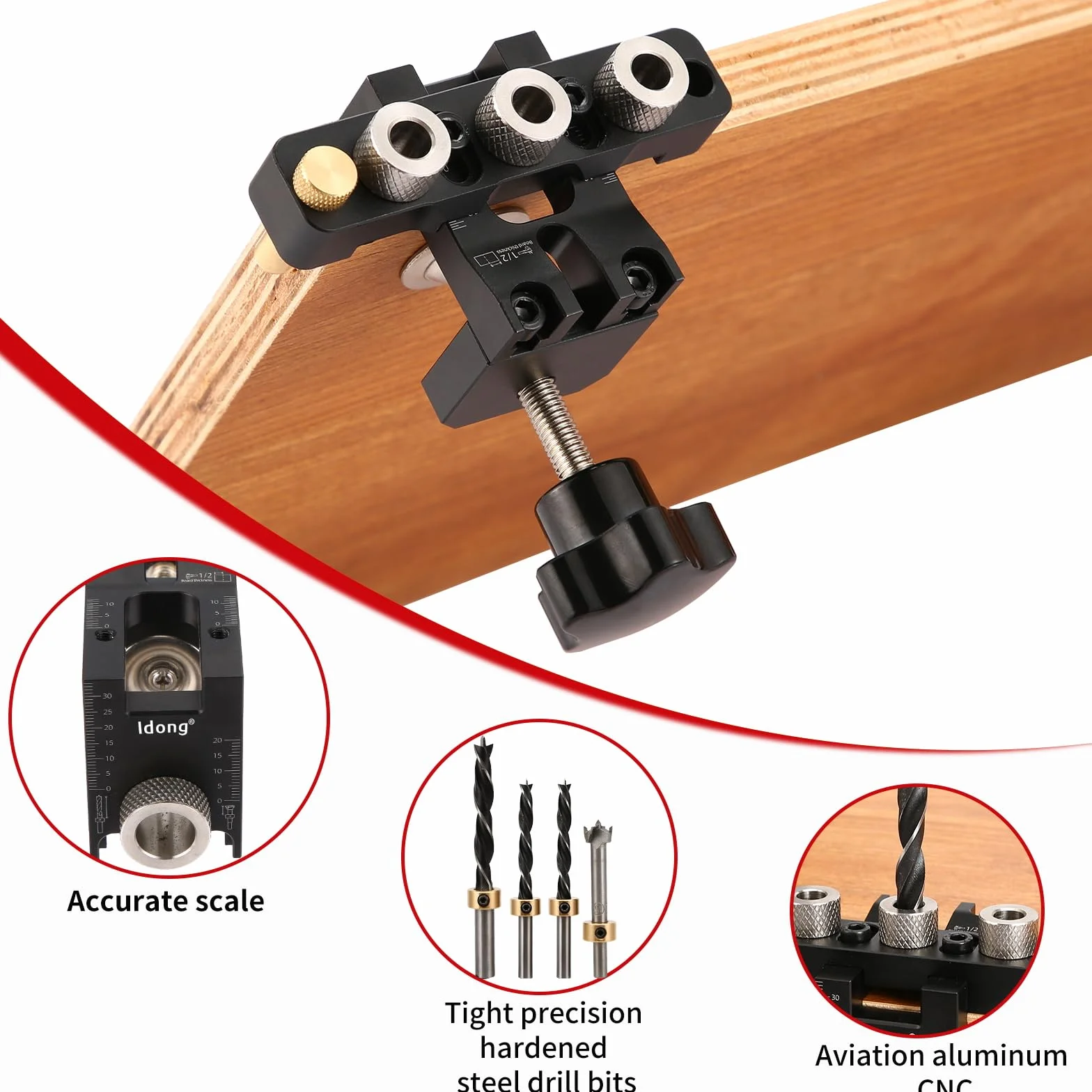 Idong 8/10/15mm Dima per Spinatura Legno 3 in 1 Fori a Tasca Kit Guida Trapano con Clip Regolabile