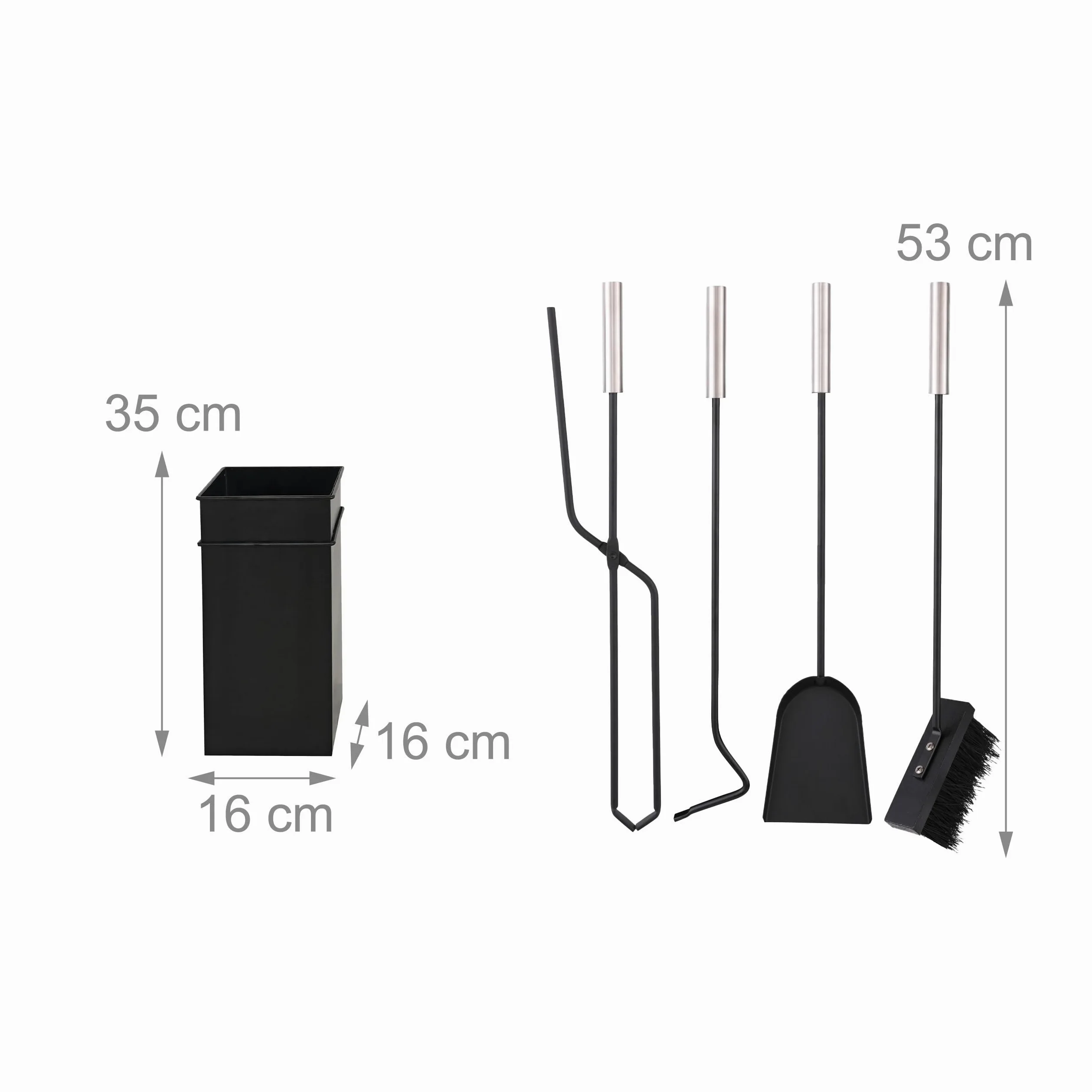 Relaxdays Set di 5 Accessori per Camino, attizzatoio, Paletta, Scopa, Pinza e stendino, Ferro, Nero