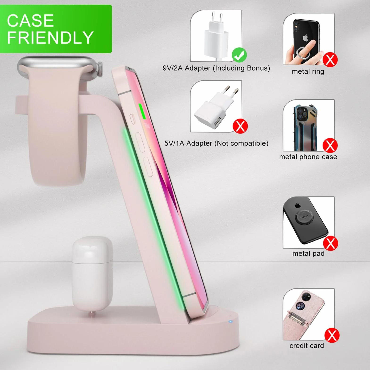 3 in 1 Caricatore Wireless,INNISTO 3 In 1 ricarica wireless station Compatibile Con i phone 15 14 13 12 11 Pro Max/Xs/Xr/X,Caricatore Apple Watch Ultra 9 8 7 6 5 4 3 2 SE,Airpods Pro/3/2/1 Rosa