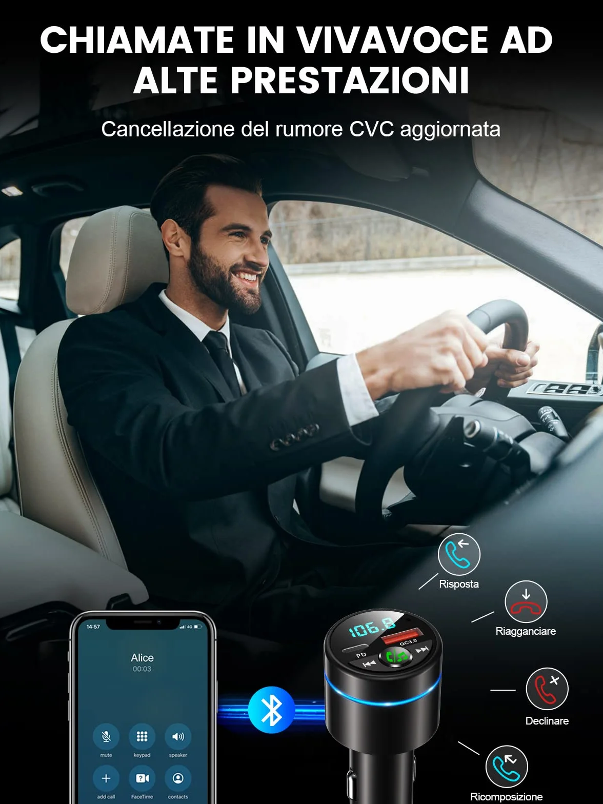 Mohard [Carcassa in Metallo] Bluetooth 5.3 Auto Trasmettitore FM, PD 30W & QC3.0 18W Ricarica Rapida Adattatore Bluetooth Auto Accendisigari, Amplificatori Multicanale Musica Hi-Fi & Chiamate Vivavoce