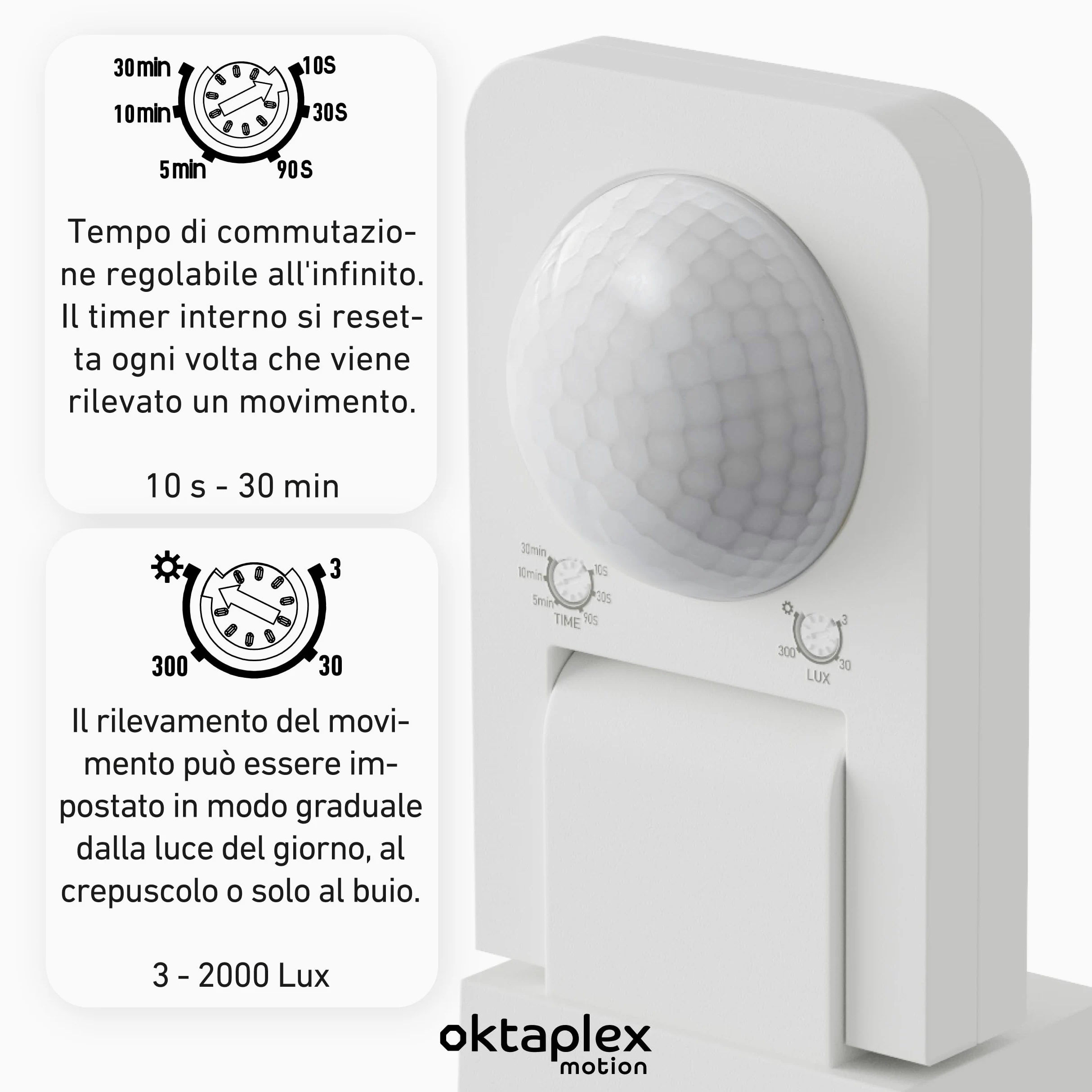 Oktaplex Tea set da 2 sensori di movimento per esterni Bianco 9 m | Sensore di movimento da superficie orientabile 360 ​​gradi 9 m IP65 230 V per soffitto e parete