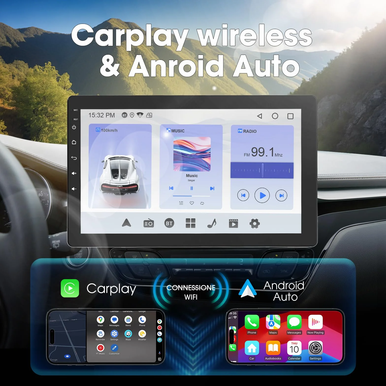 Haudio Autoradio Girevole a 360°, Stereo Bluetooth 1 DIN Carplay Wireless e Android Auto, Touchscreen IPS 10.1 Pollici Car Play con Mirror Link,Controllo vocale,RDS/FM/AM,Fotocamera Posteriore 720P